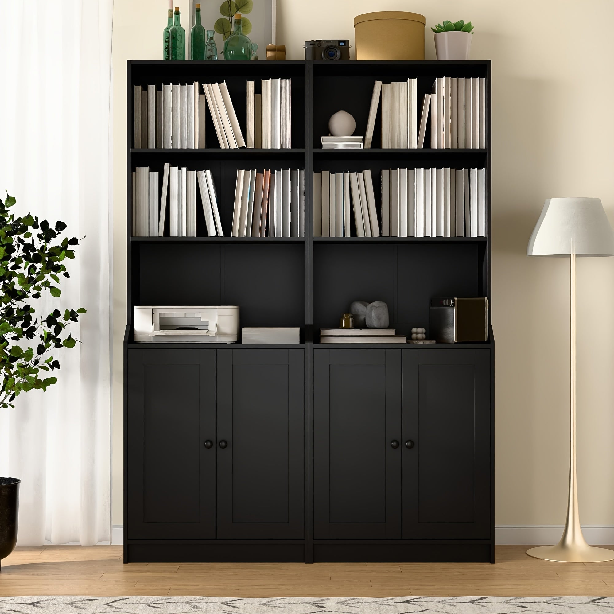 Modern 190cm Tall Bookcase with Doors - Versatile 5-Tier Floor Standing Bookshelf with Adjustable Shelves & Storage Cabinet for Living Room, Office, Bedroom - Black/White/Oak, UTTU, 27.6" W X 15.7" D X 75.6" H