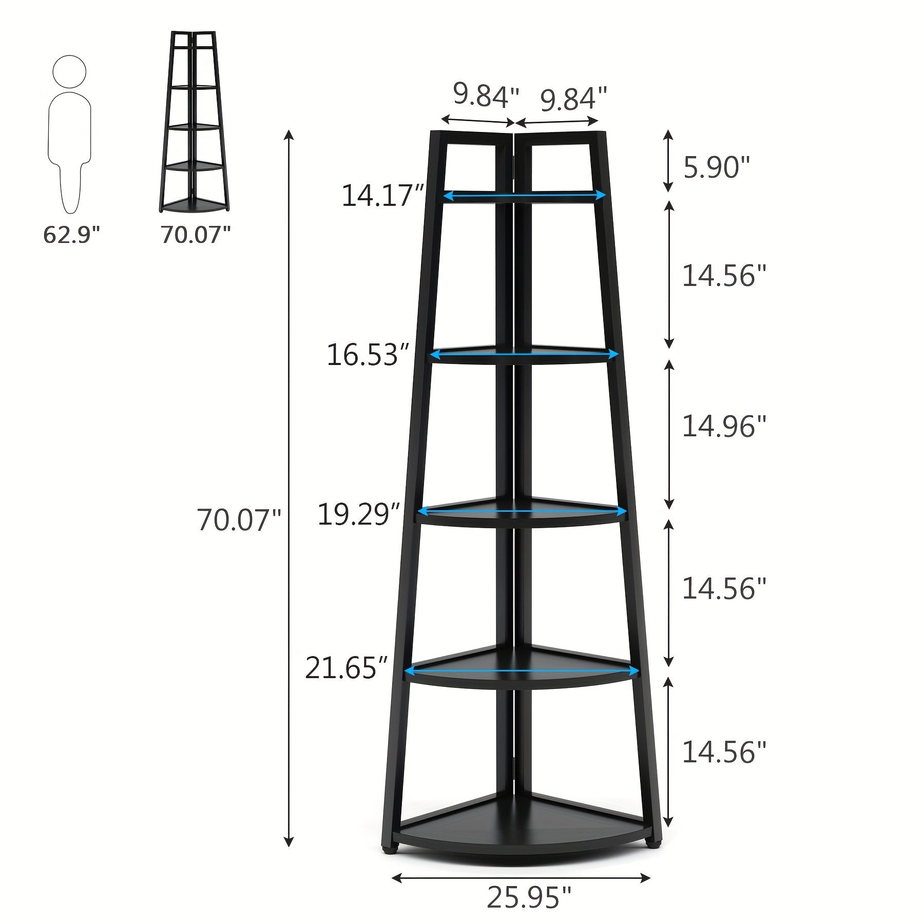 5-Tier Corner Bookshelf, 177cm Book Standing Shelving Unit, Indoor Plant Stand for Home Office, Black