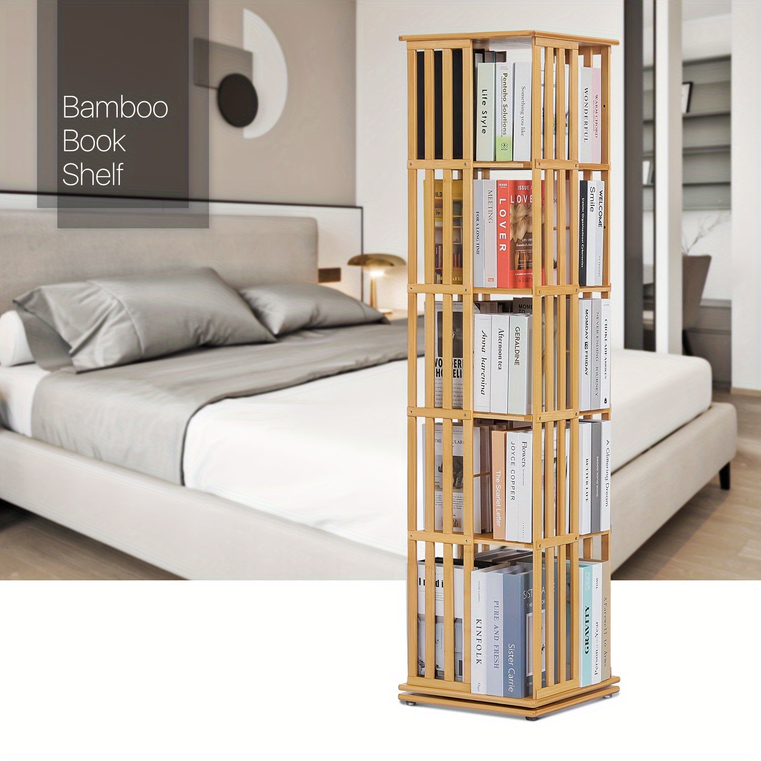 5-Tier Corner Tall Book Shelf, 360° Bamboo Rotating Storage Display Rack Standing Shelves with Open Design Shelving for Living Room Study Room Office