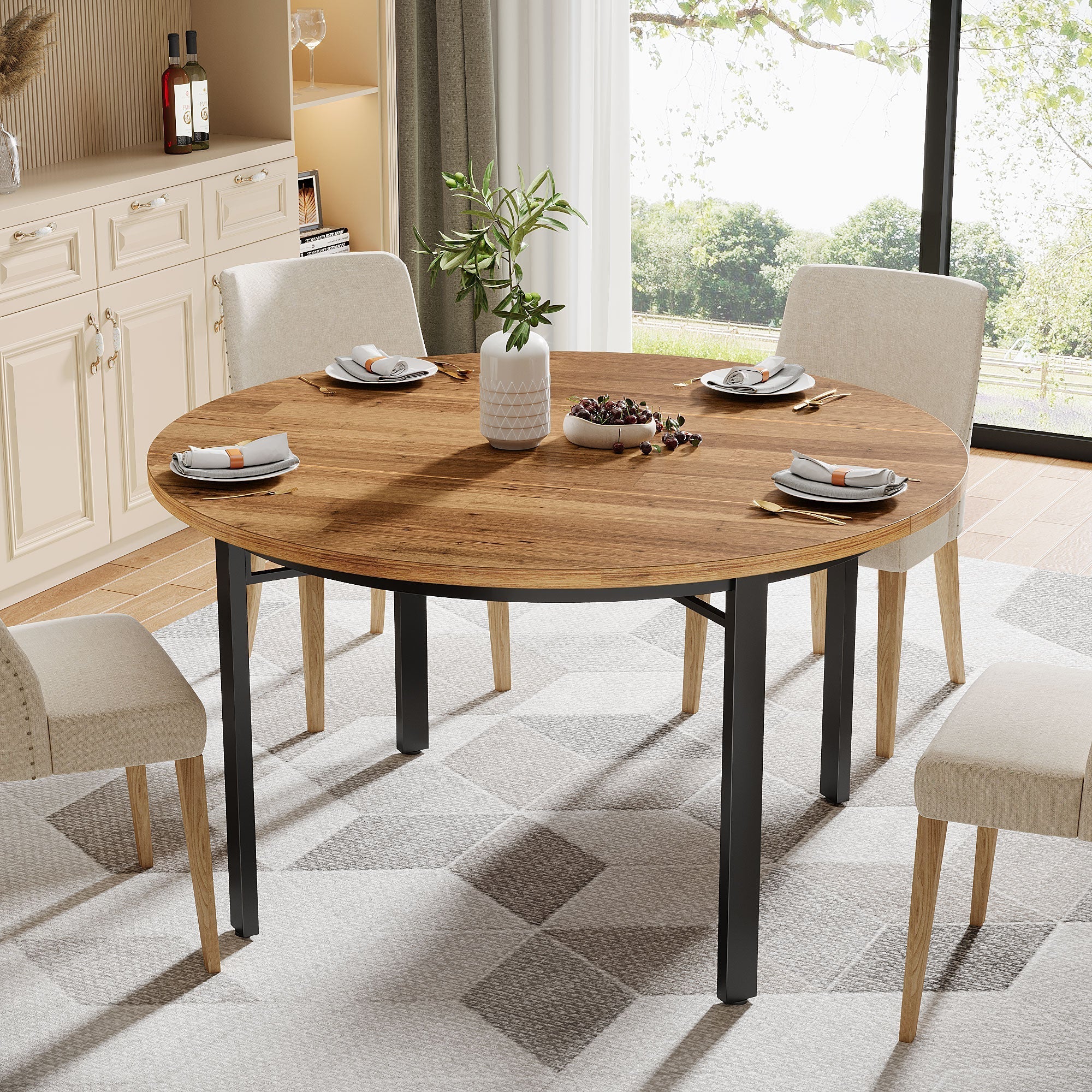 116.8 cm Round Dining Table, Farmhouse Kitchen Table Dinner Table for 4-6 People