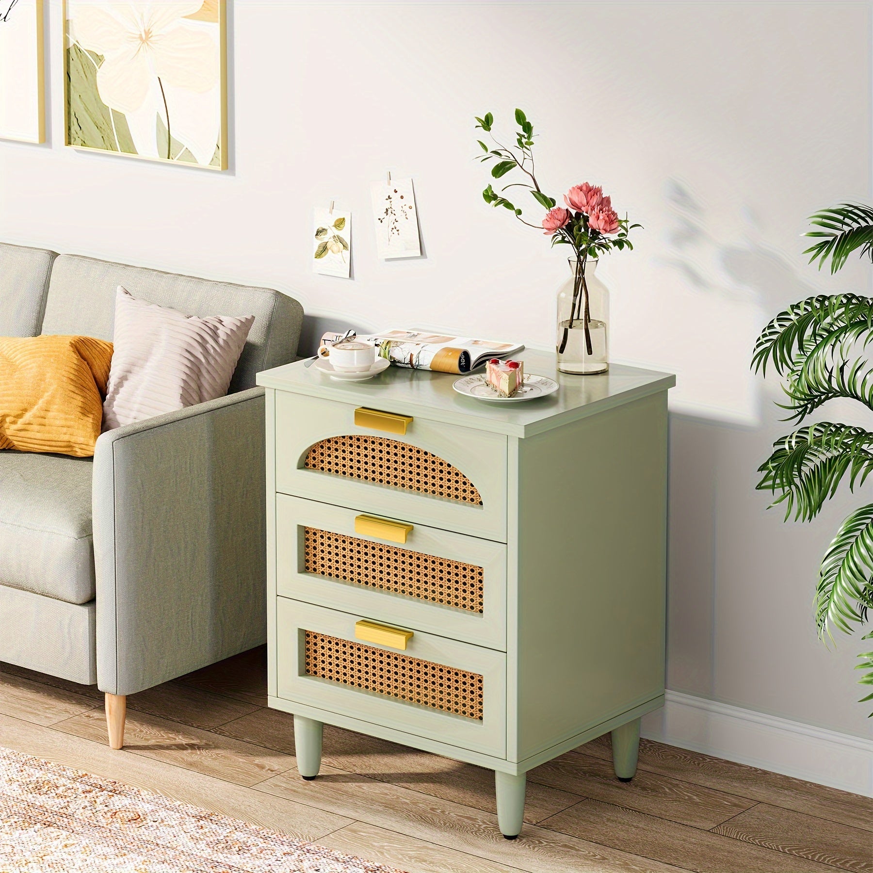 Charming Mint Green 3-Drawer Rattan Nightstand - Farmhouse Style Side Table with Ventilated Drawers, Durable Construction, Ideal for Bedroom & Living Room, Easy Assembly