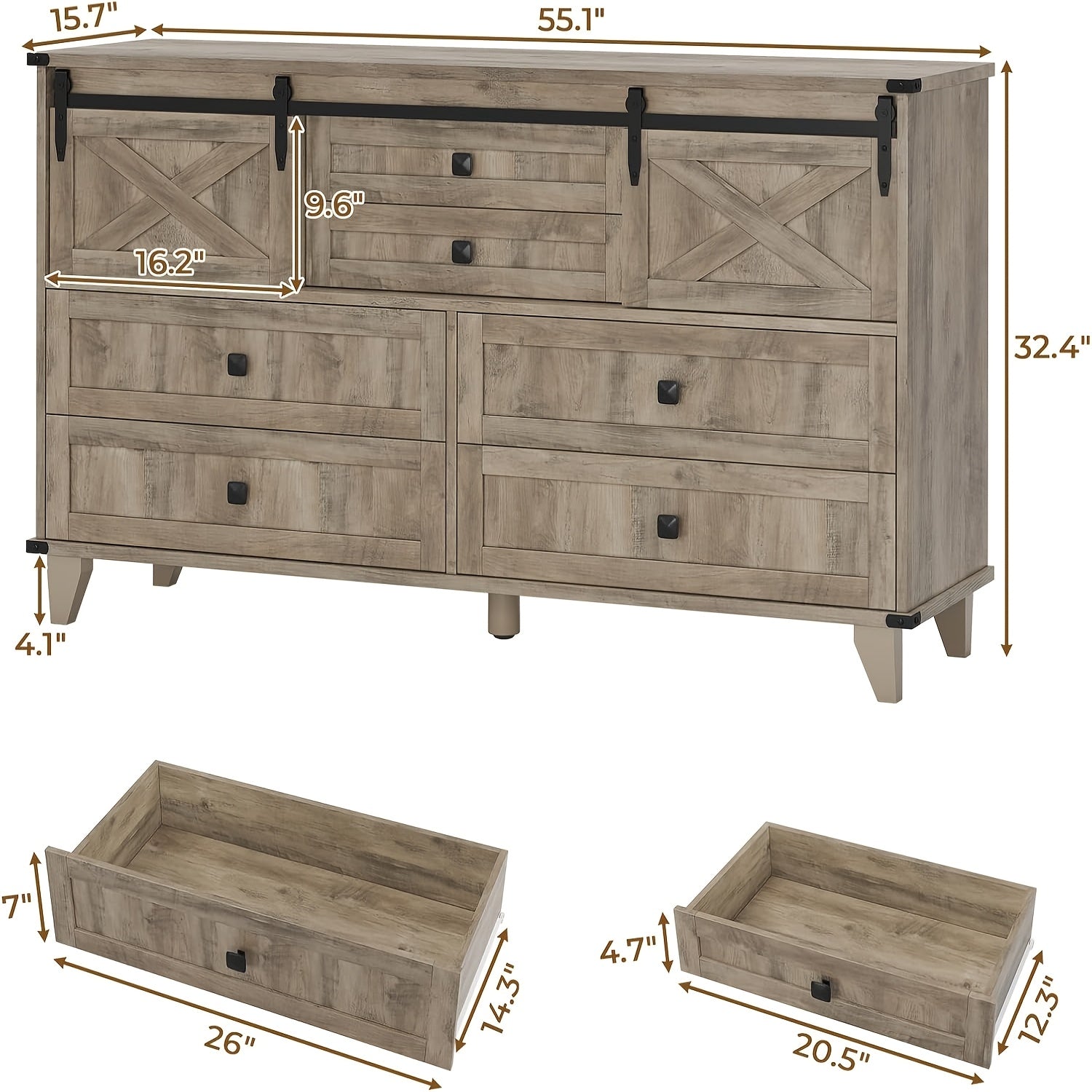 Charming Farmhouse 6-Drawer Dresser with Sliding Barn Doors - Versatile White Chest of Drawers with X-Shaped Metal Frame, Ideal for Bedroom or Living Room Storage, Easy Assembly