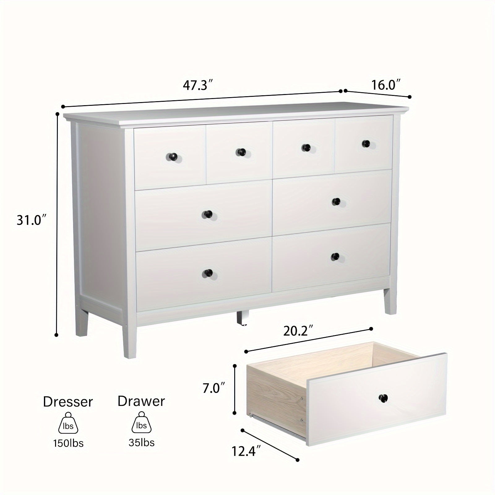 Classic 6-Drawer Double Dresser - Floor Mount Wood Bedroom Storage Chest with Flat Panel Doors, Metal Handles, Composite Wood Back, Easy Assembly, Weather Independent - Ideal for Hallway, Entryway