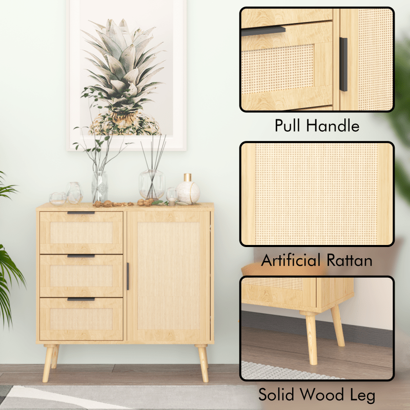 Modern Rattan Wood Dresser Wood Storage Cabinet Sideboard for Bedroom, Living Room, Entryway, Hallway, Storage Drawer Units