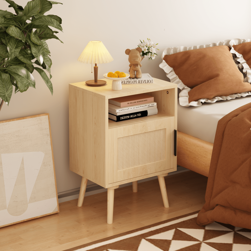 Chic Oak Rattan Nightstand with Open Shelf - 22.83'' H Side Table, Solid Wood Legs & Door Storage, Ideal for Bedroom, Dorm & Small Spaces, Durable MDF Construction, Bedroom Decor