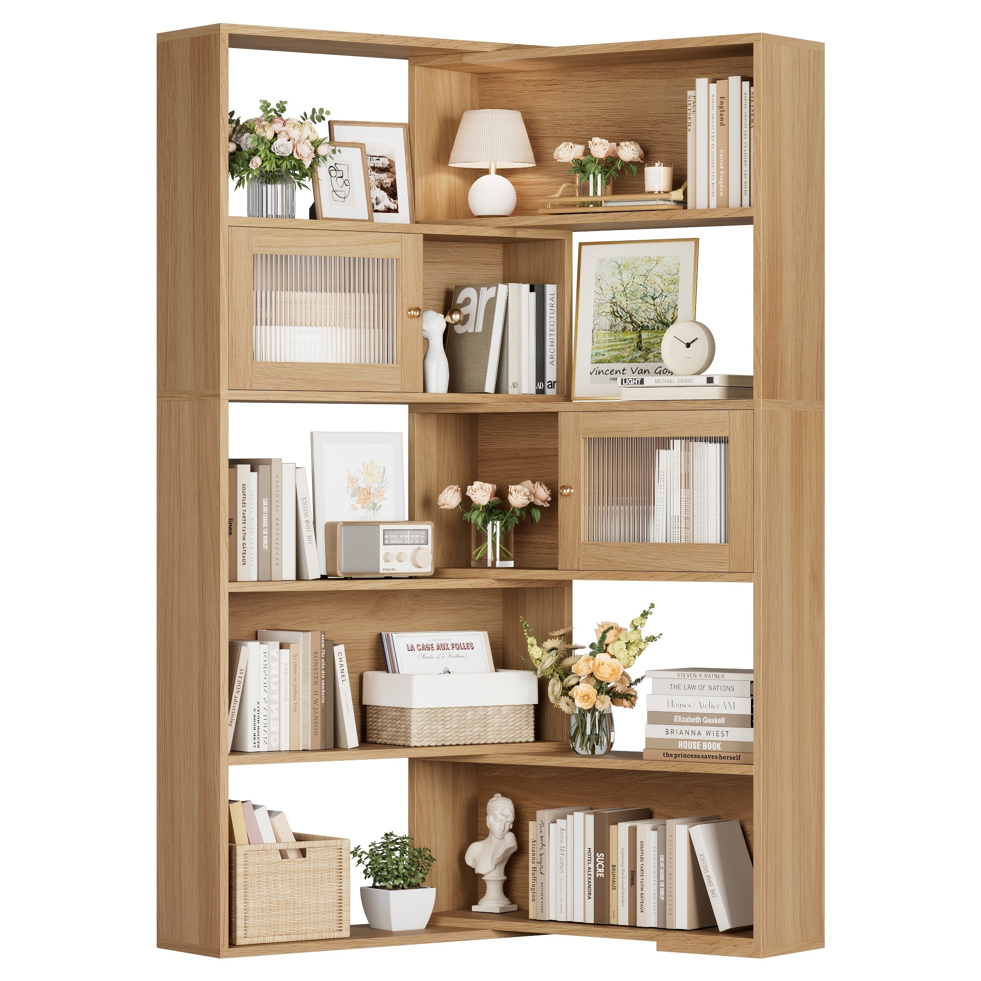 Reversible Wood Grain Bookshelf with Doors - 60.6" Tall, Spacious Storage for Living Room, Home Office, Library