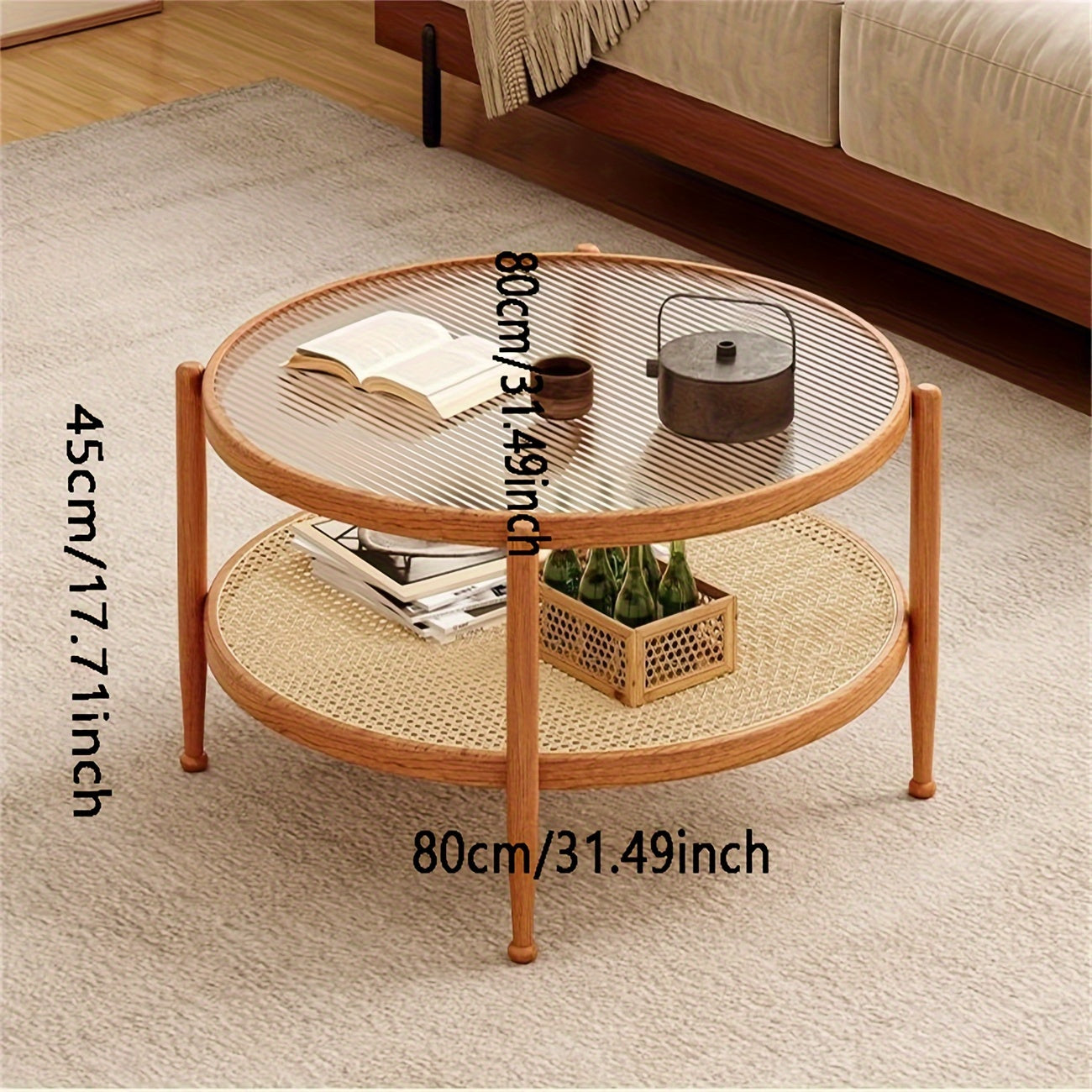 Modern Rattan Woven Tea Table With Glass Desktop, Chinese Simple Round Double-Layer Side Table, Solid Wood Coffee Table For Dining Living Room Lounge Bedroom