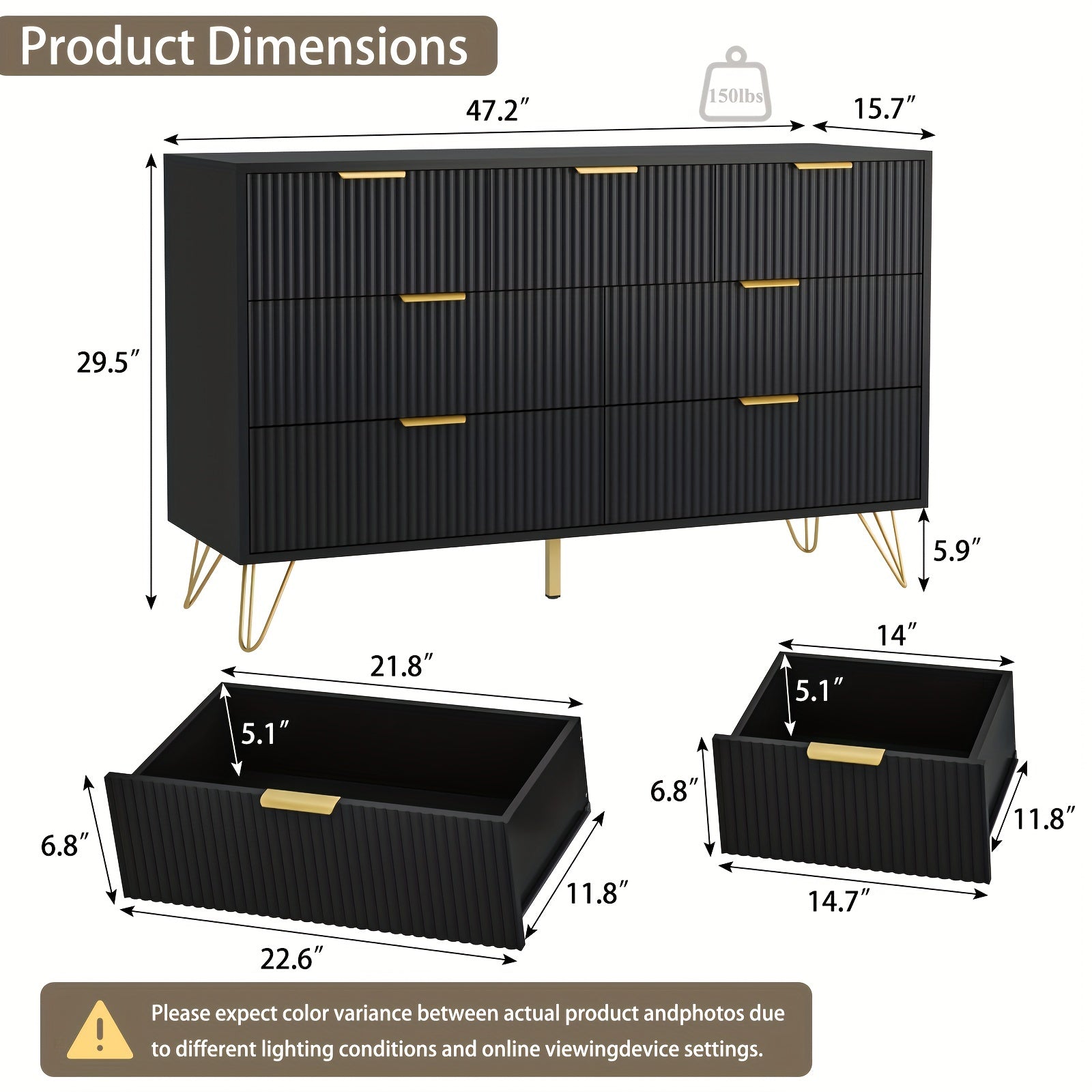 Modern Fluted Wood Dresser with Golden Handle, 7 Drawers - White Storage Organizer for Bedroom, Living Room, Hallway, Entryway