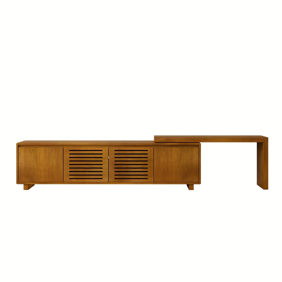 Mid-Century Modern Extendable TV Stand, Wood-Based Panel & Hardwood Entertainment Center, Farmhouse Media Console with Storage, Adjustable Panel, for Living Room & Bedroom, No Electricity Required