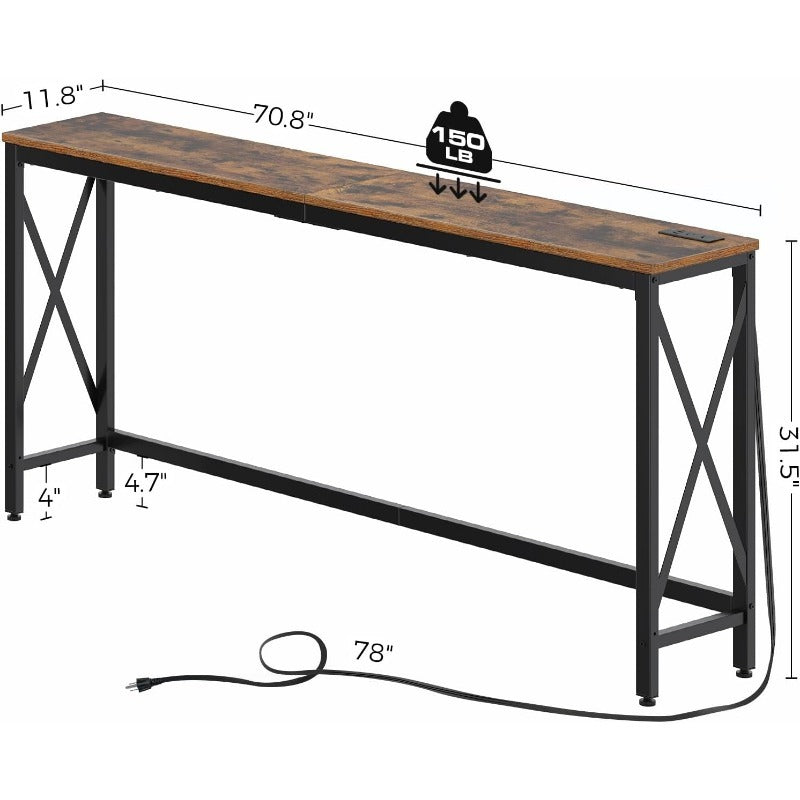 Console Table with Power Outlet, Sofa Table with Charging Station, Narrow Entryway Table, Skinny Hallway Table, Behind Couch Table 100 x 30/20, 140 x 30/20, 180 x 30/20 Farmhouse Table Behind Sofa Couch H