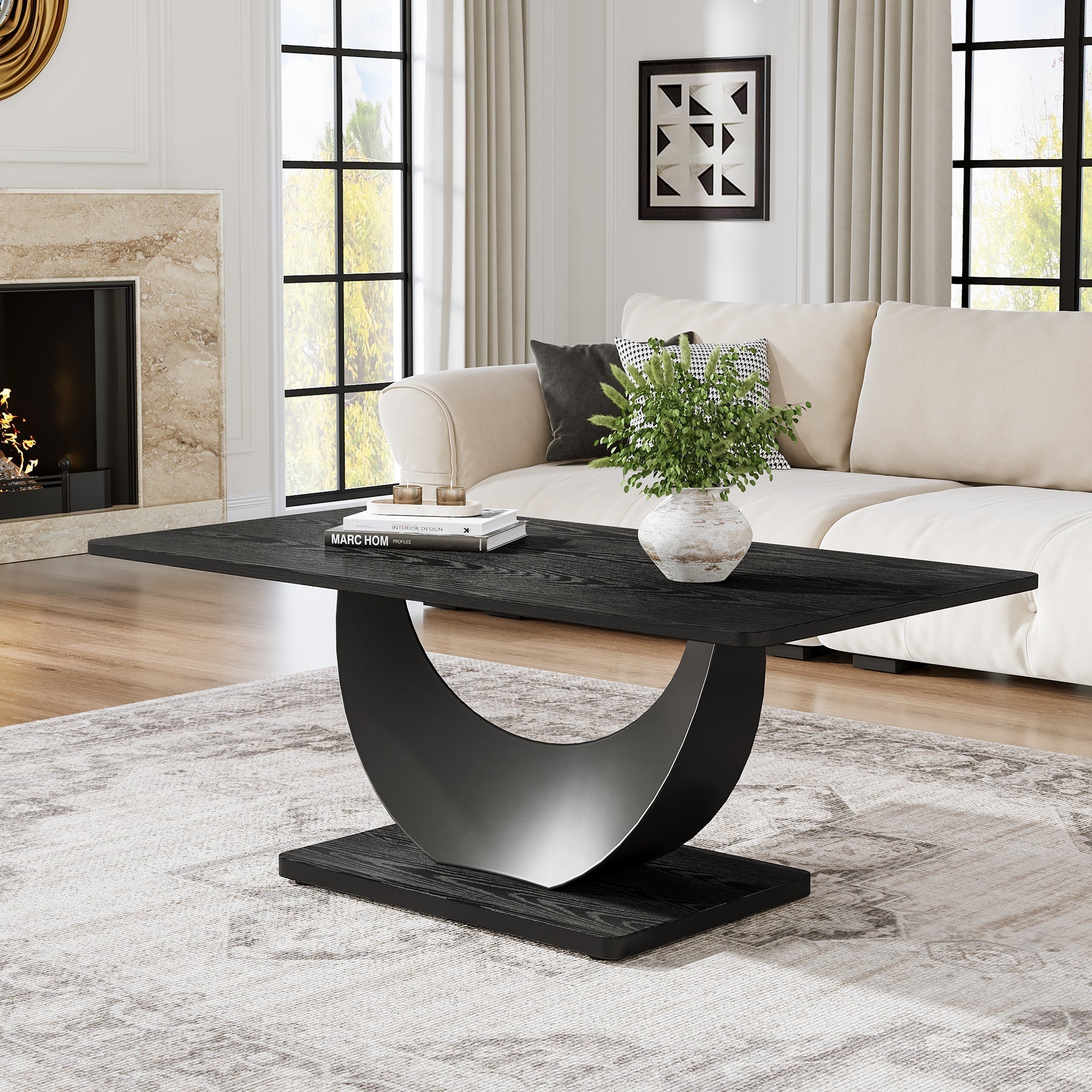 119 cm Coffee Table, Accent Cocktail Center Tables with Crescent Moon Metal Base