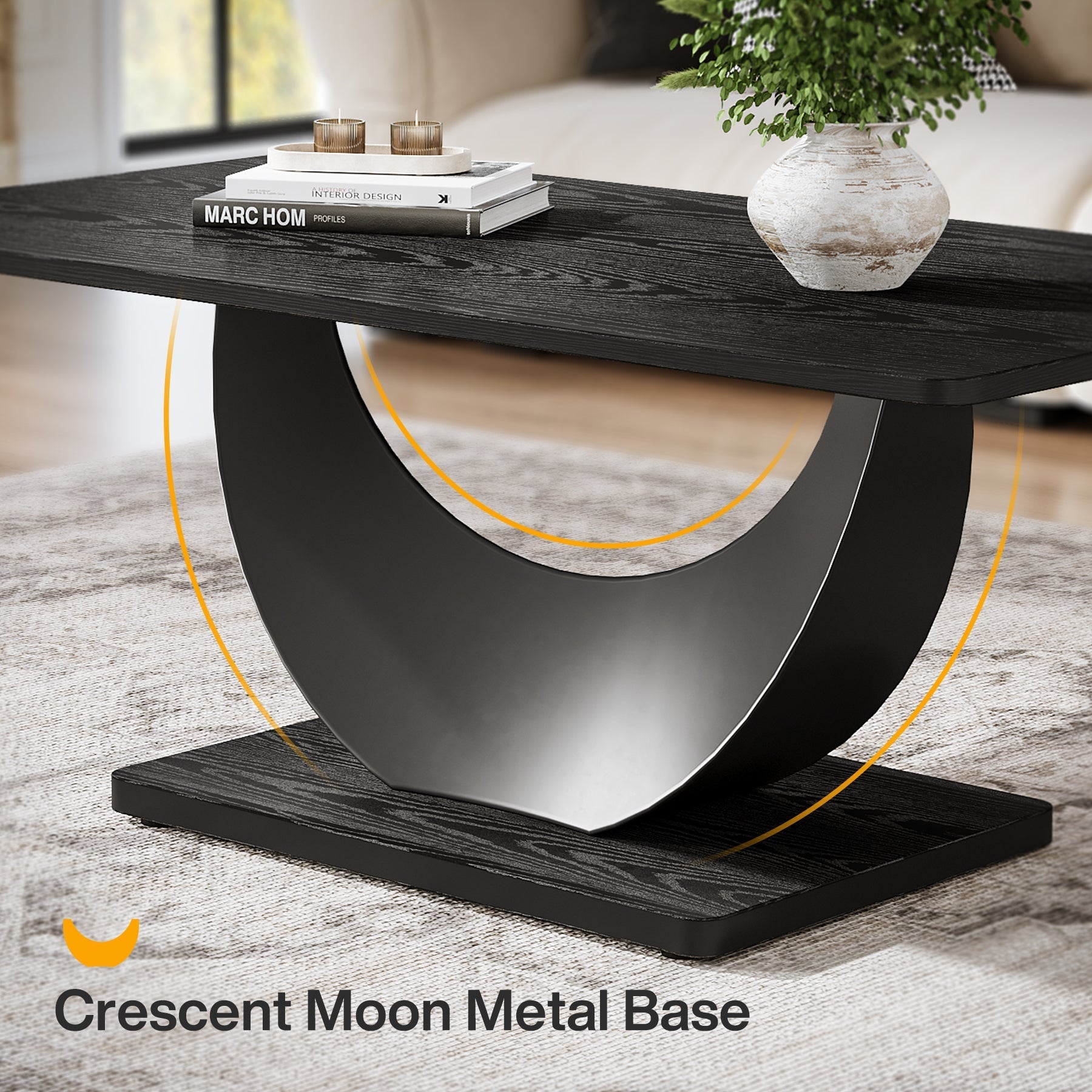 119 cm Coffee Table, Accent Cocktail Center Tables with Crescent Moon Metal Base