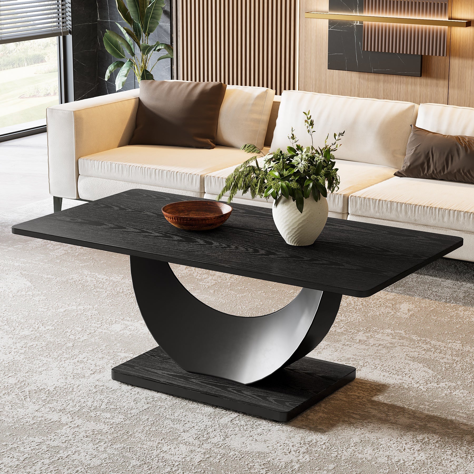 119 cm Coffee Table, Accent Cocktail Center Tables with Crescent Moon Metal Base