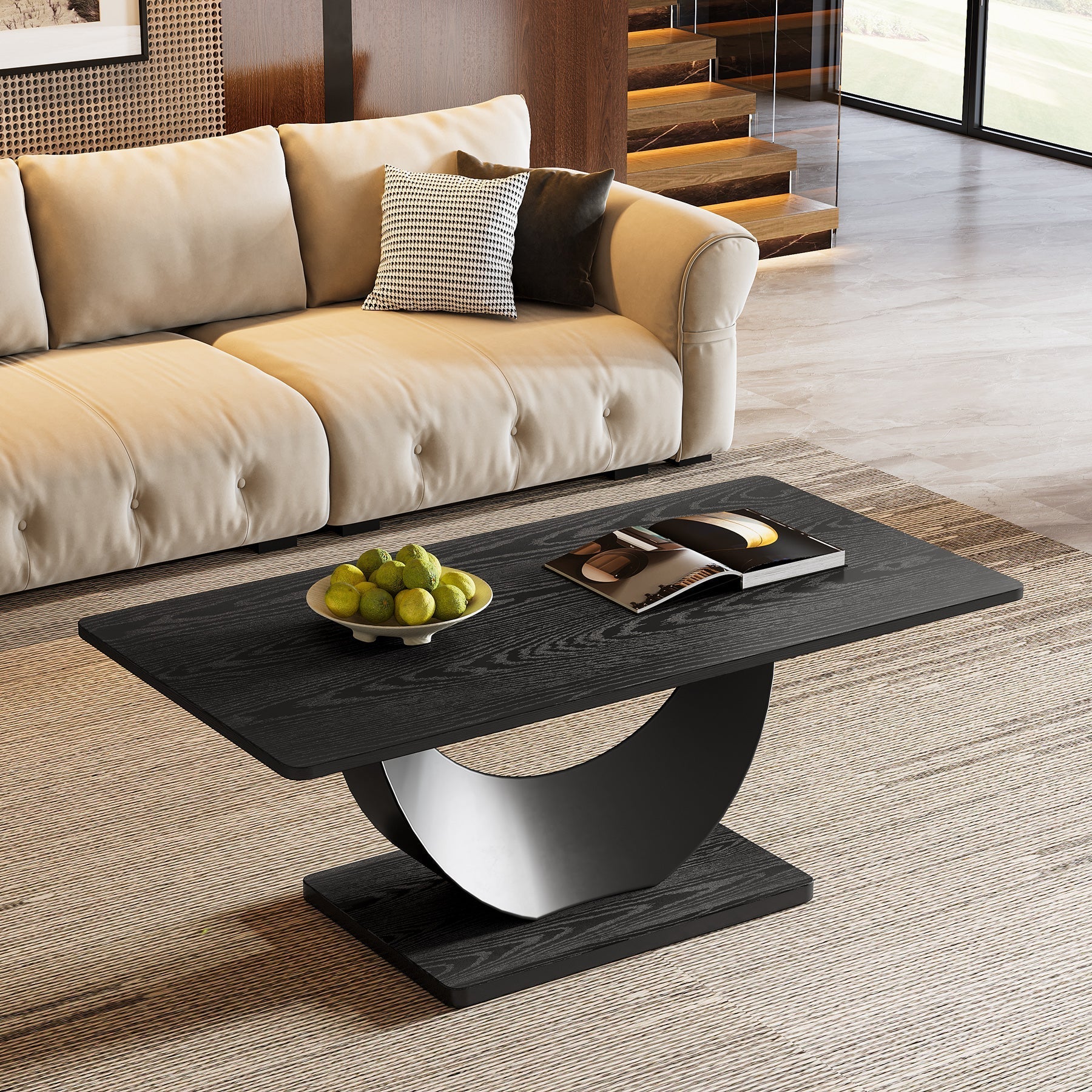 119 cm Coffee Table, Accent Cocktail Center Tables with Crescent Moon Metal Base