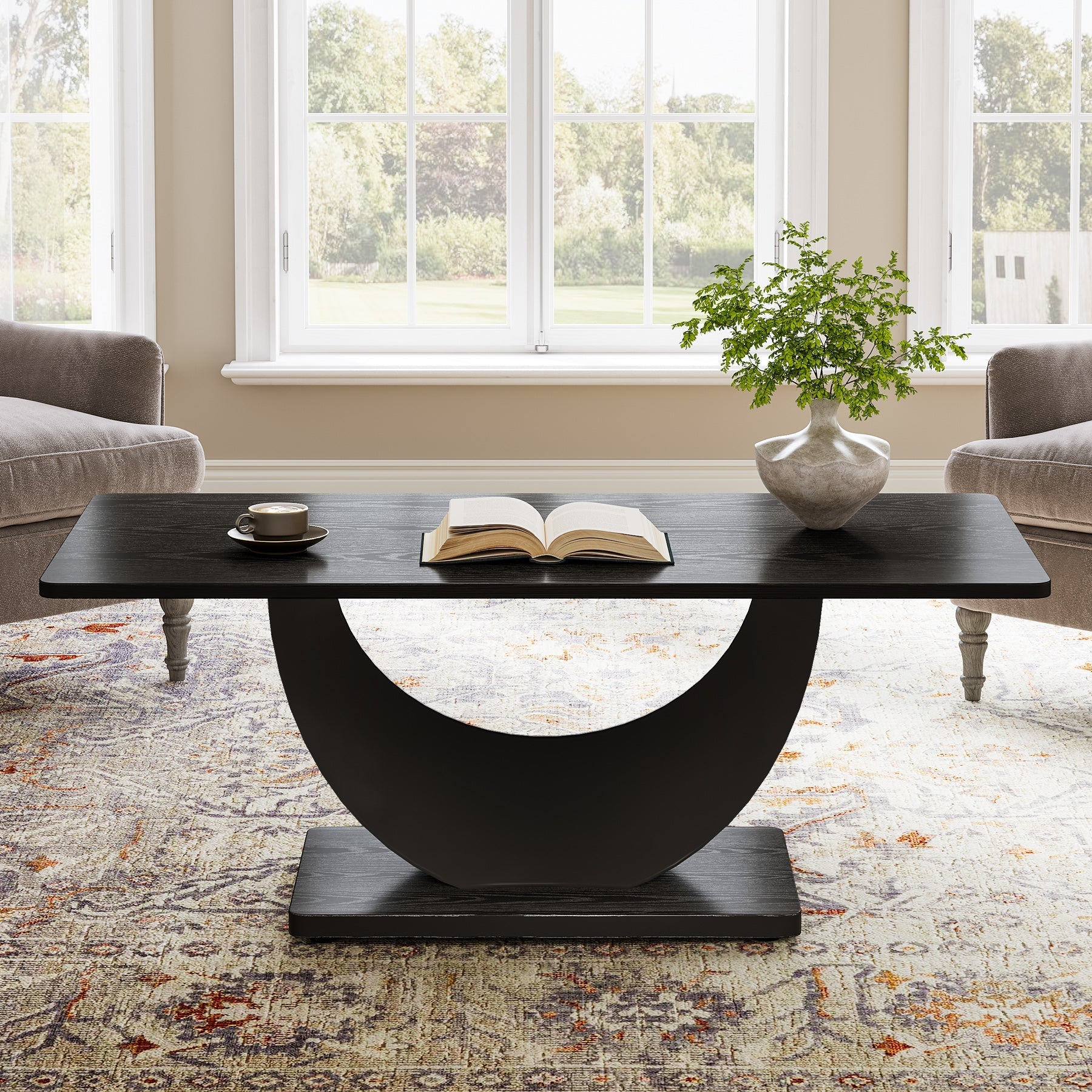 119 cm Coffee Table, Accent Cocktail Center Tables with Crescent Moon Metal Base