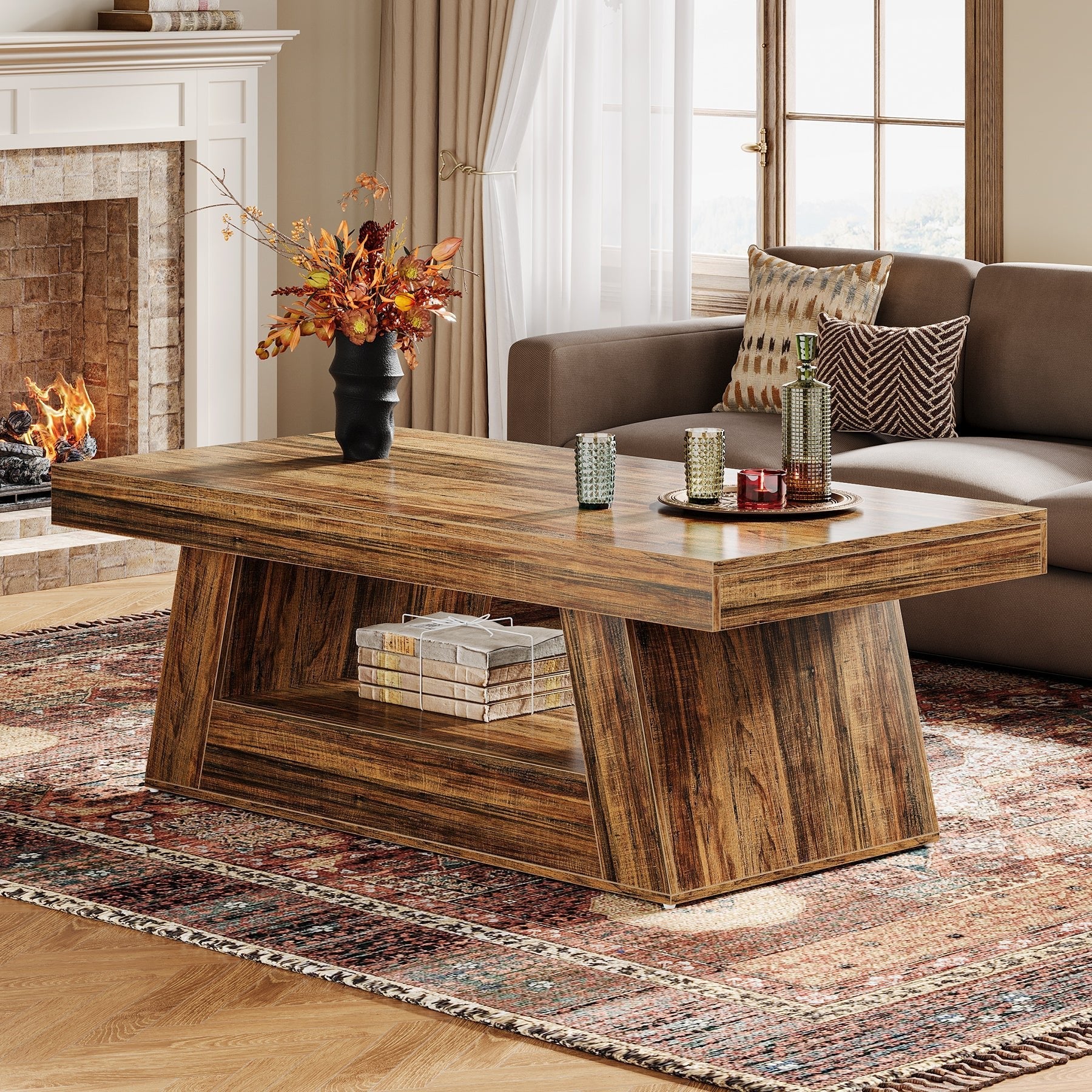 119 cm Coffee Table, Farmhouse Accent Center Table with Storage