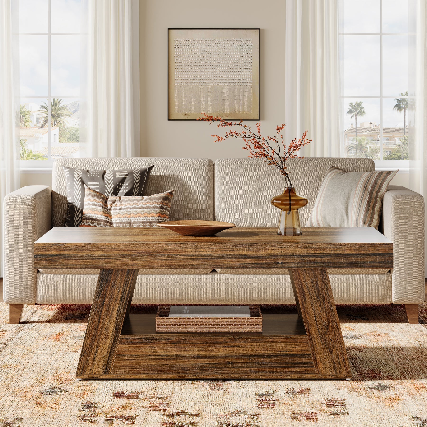 119 cm Coffee Table, Farmhouse Accent Center Table with Storage