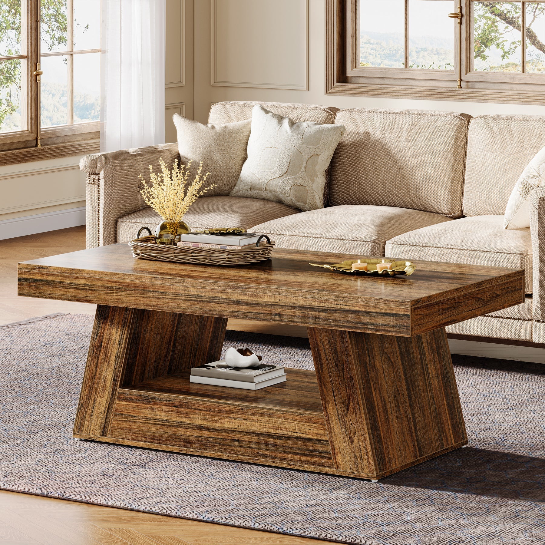 119 cm Coffee Table, Farmhouse Accent Center Table with Storage