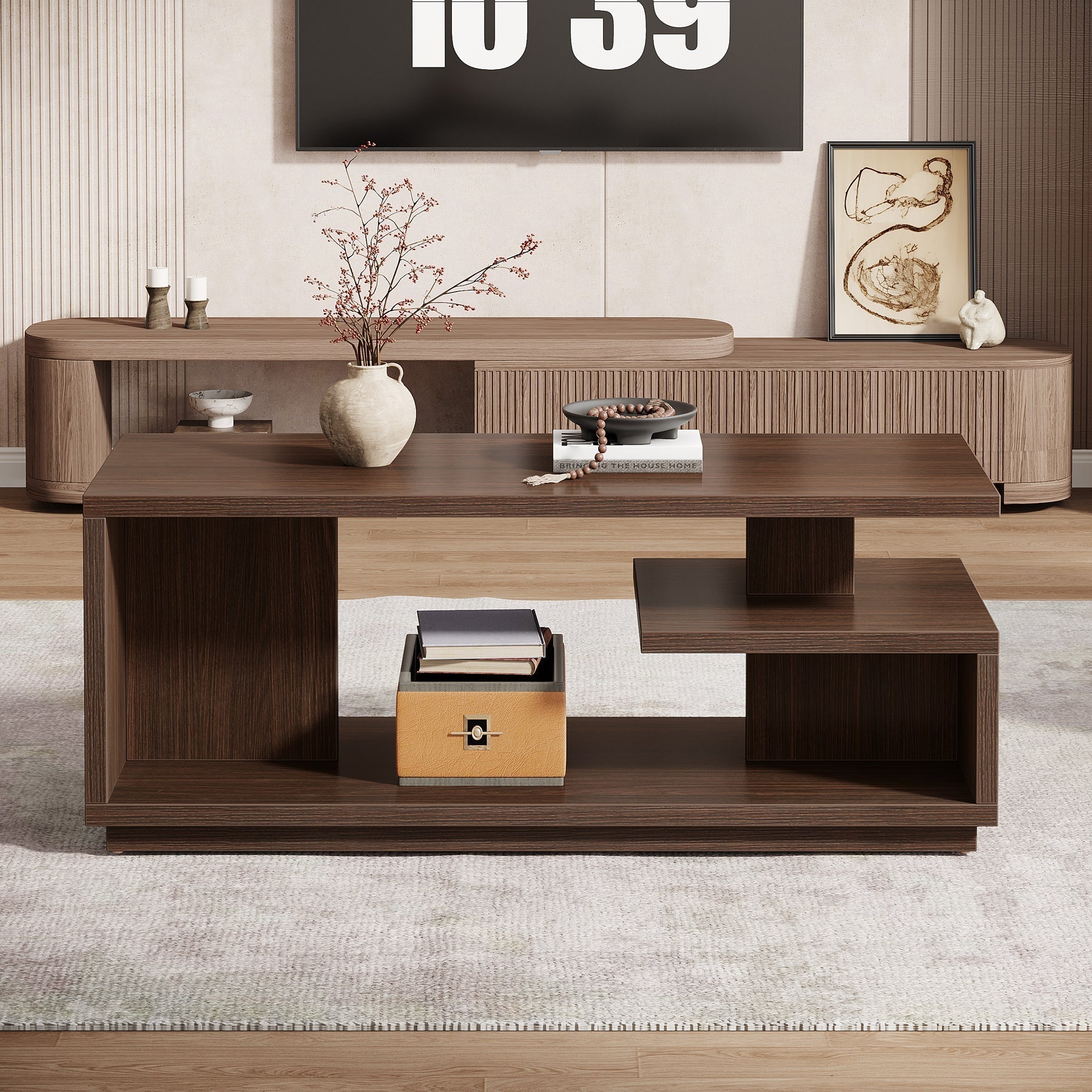 119 cm Coffee Table, Modern Center Table Tea Table with 3-Tier Shelf