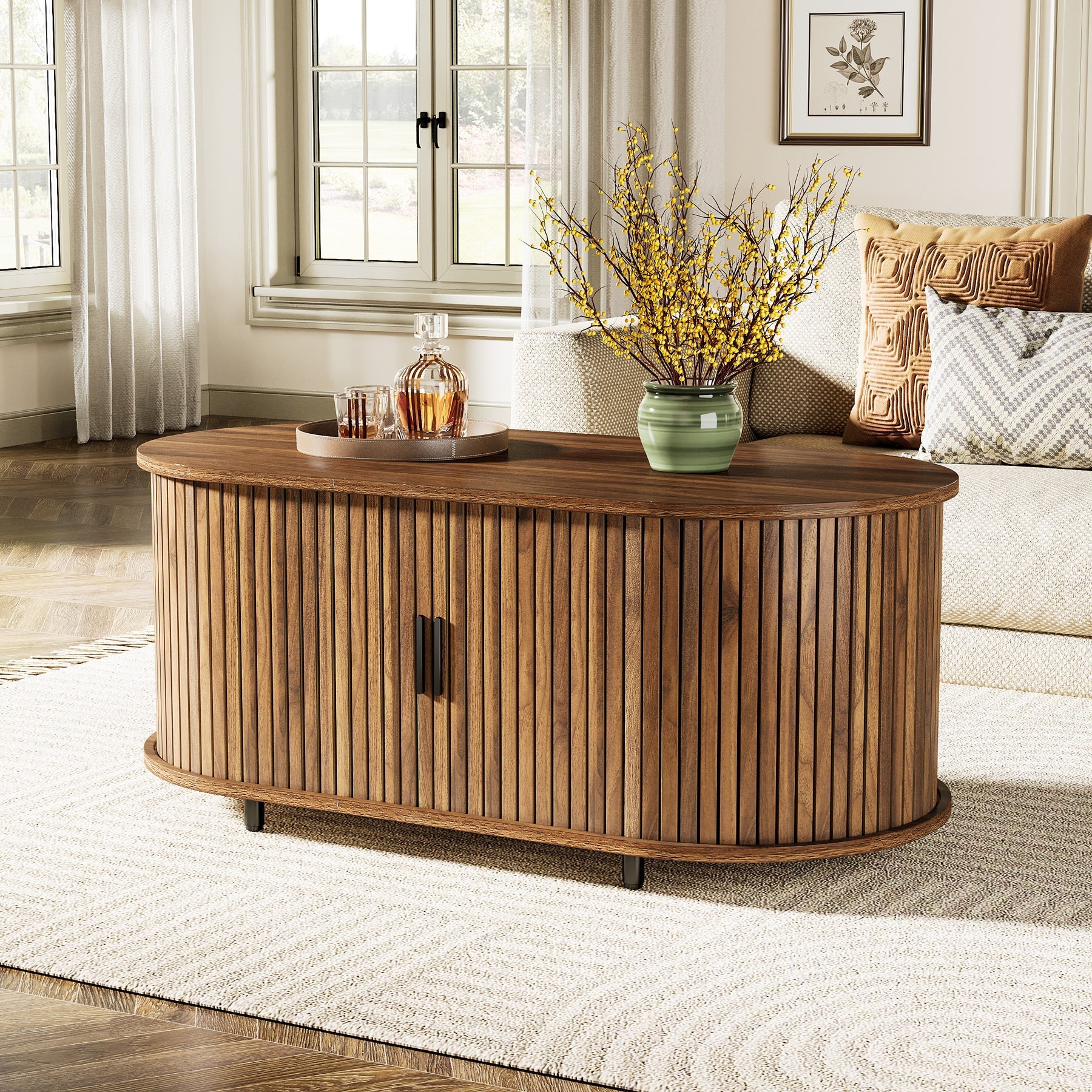 119 cm Coffee Table, Oval Center Table with Sliding Door