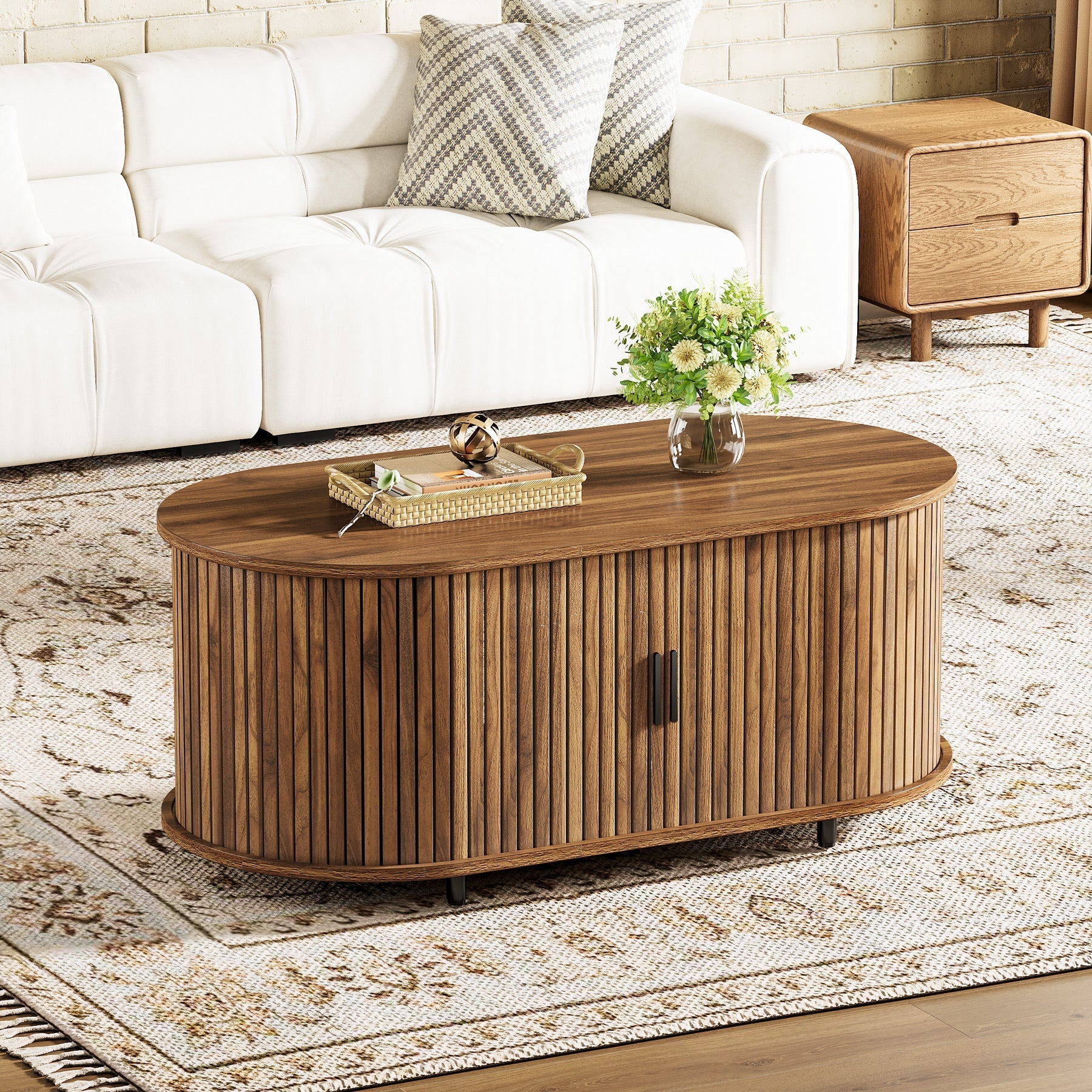 119 cm Coffee Table, Oval Center Table with Sliding Door