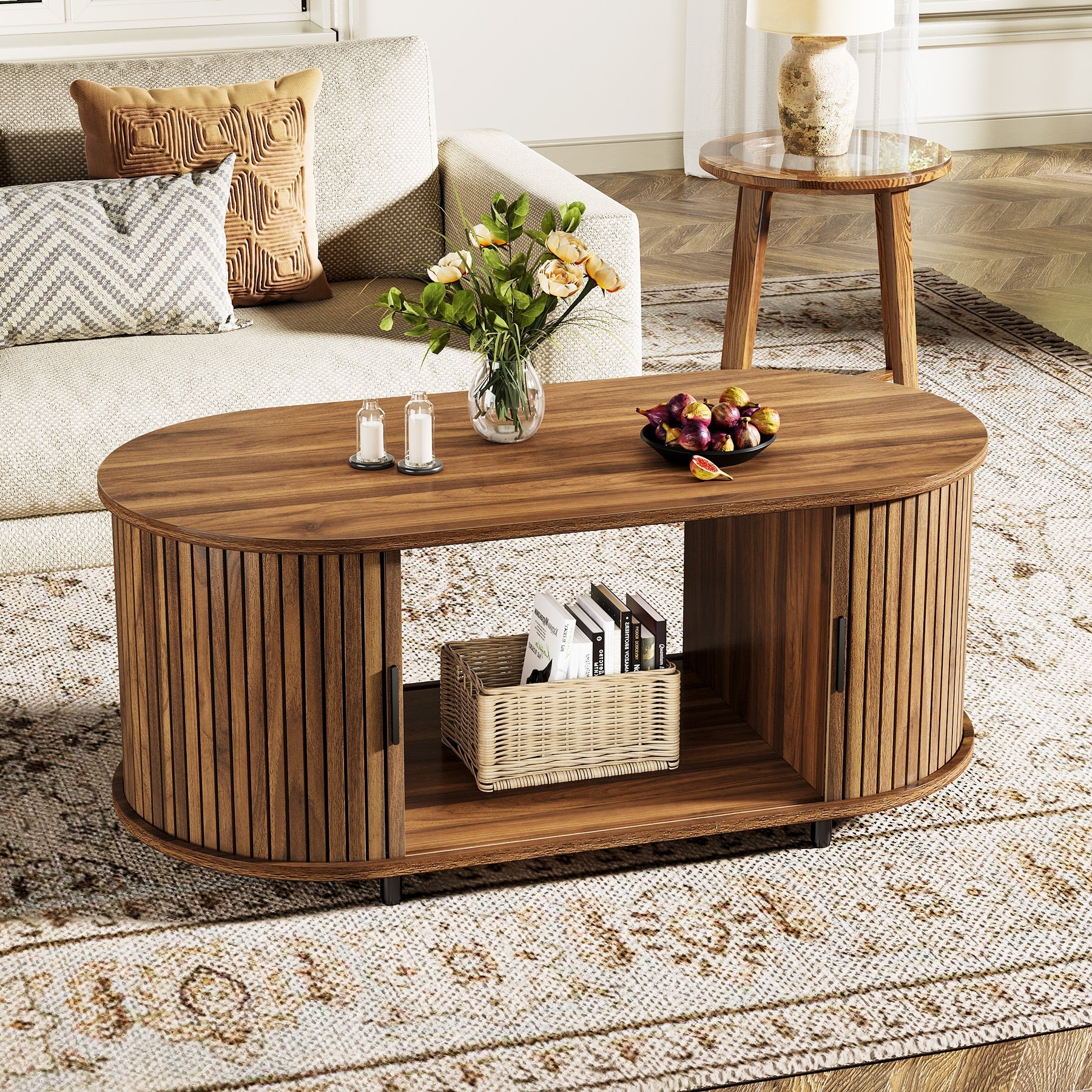 119 cm Coffee Table, Oval Center Table with Sliding Door