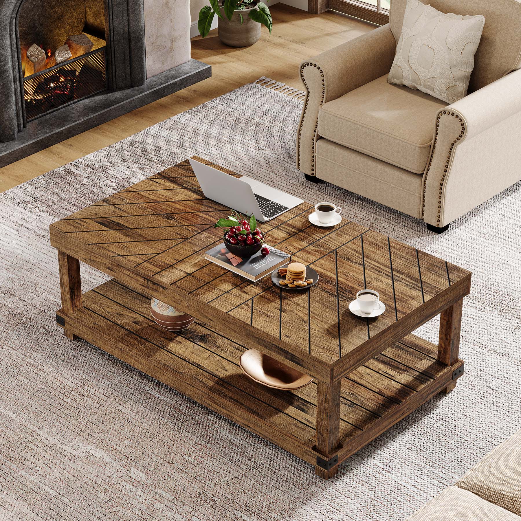 120 cm Coffee Table, Wood Center Table Cocktail Tea Table with Storage Shelf