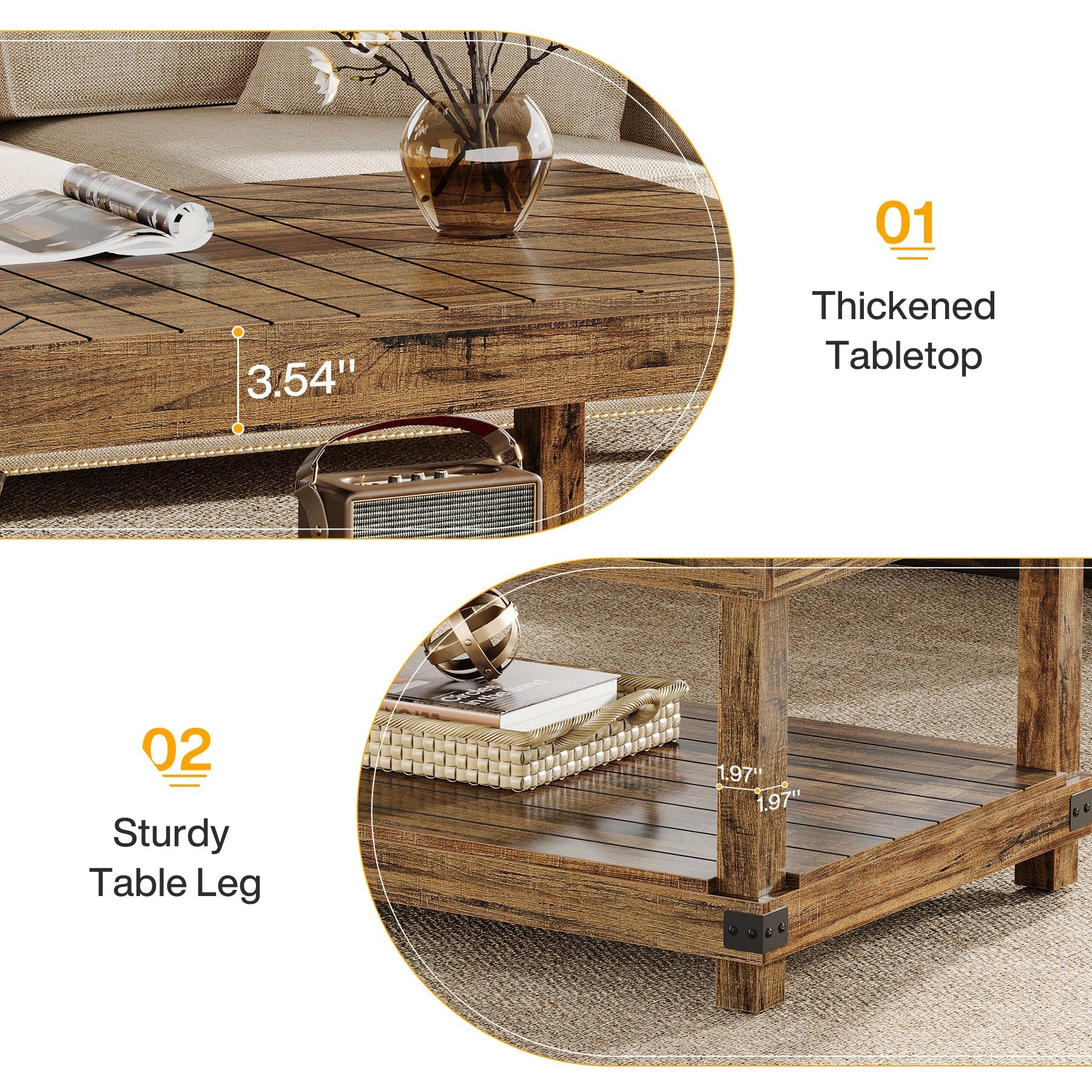 120 cm Coffee Table, Wood Center Table Cocktail Tea Table with Storage Shelf