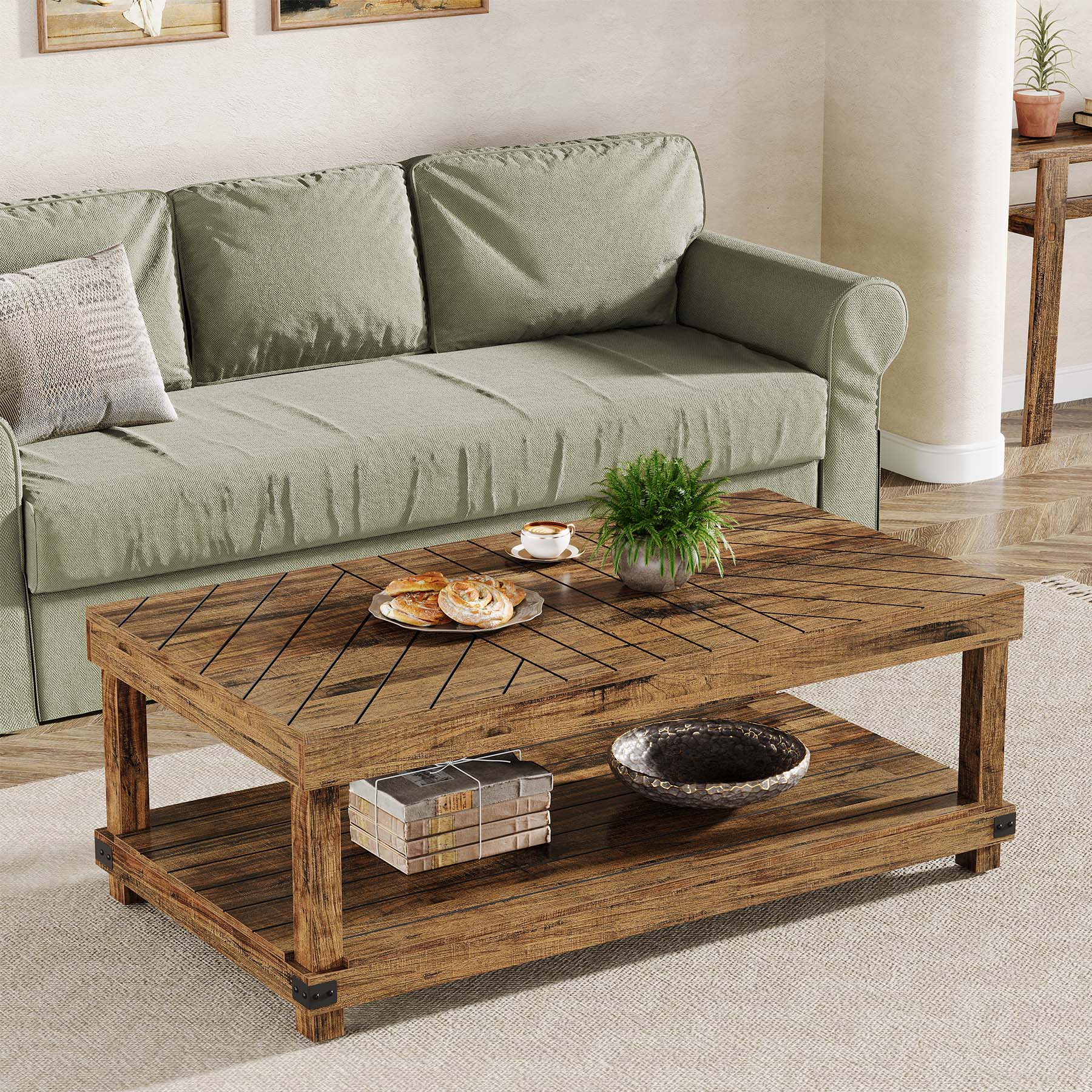 120 cm Coffee Table, Wood Center Table Cocktail Tea Table with Storage Shelf