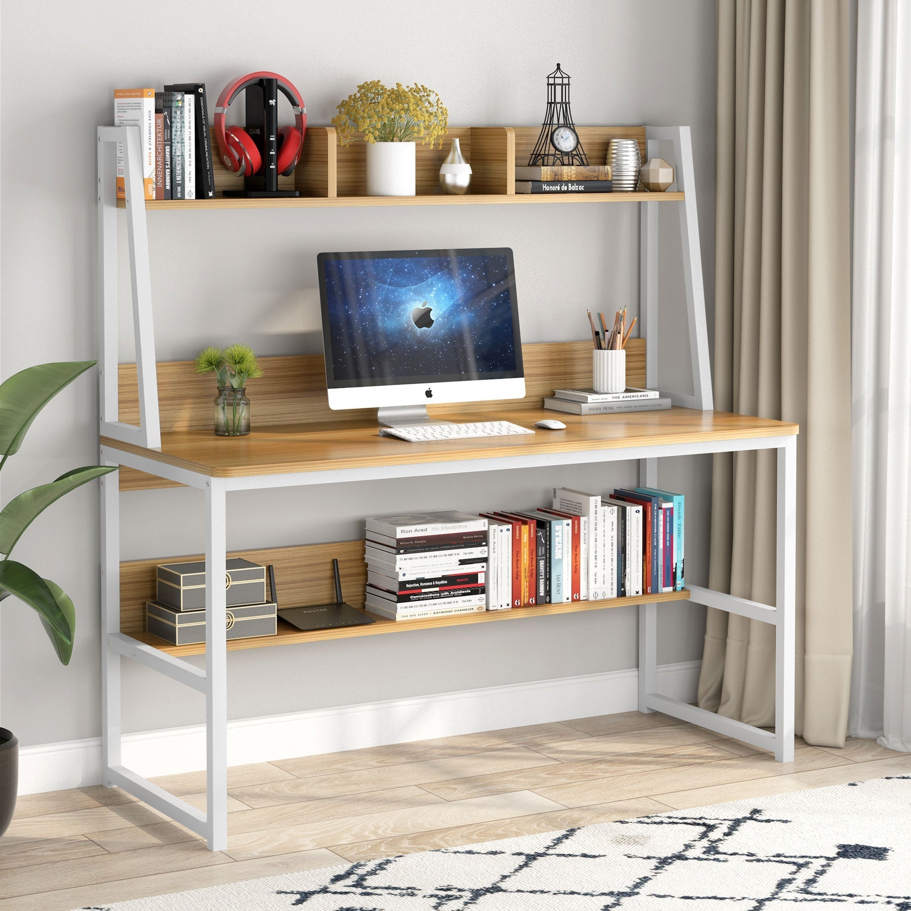 119 cm Computer Desk, Heavy Duty Writing Desk with Hutch & Bookshelf