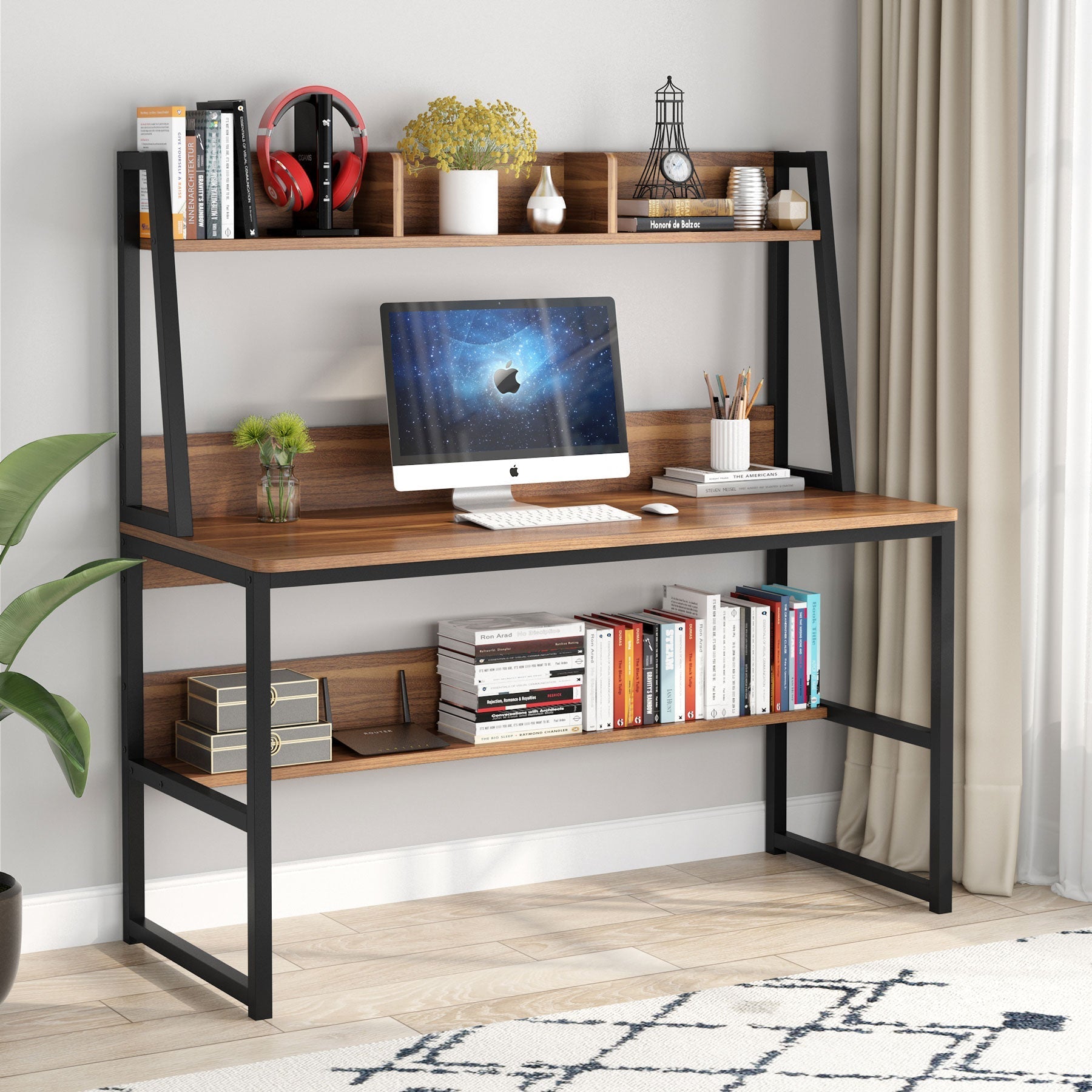 119 cm Computer Desk, Heavy Duty Writing Desk with Hutch & Bookshelf