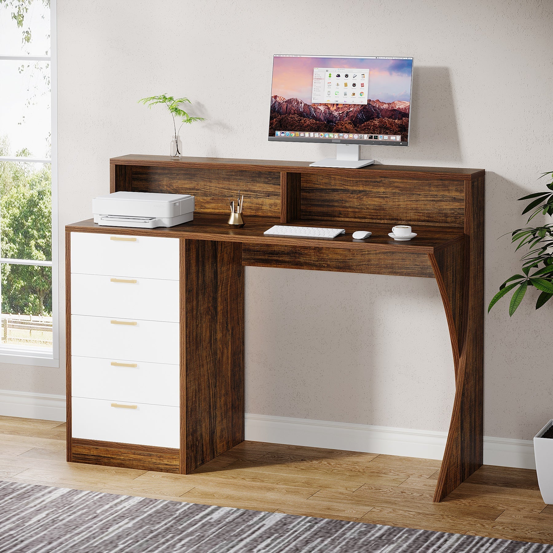 119.4 cm Computer Desk, Home Office Desk with Monitor Stand and 5 Drawers