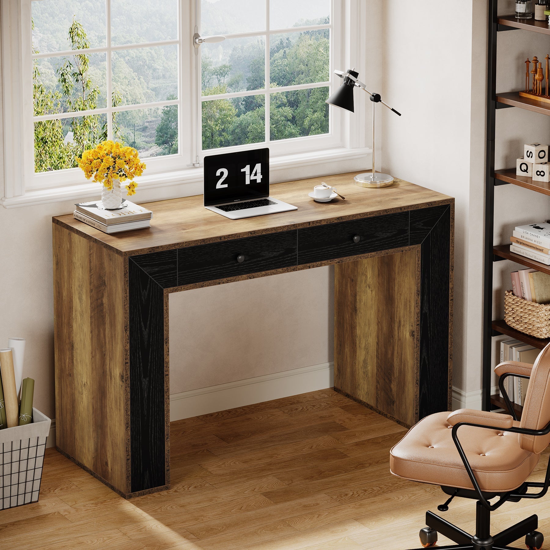 119 cm Computer Desk, Rustic Home Office Desk Study Desk with 2 Drawers