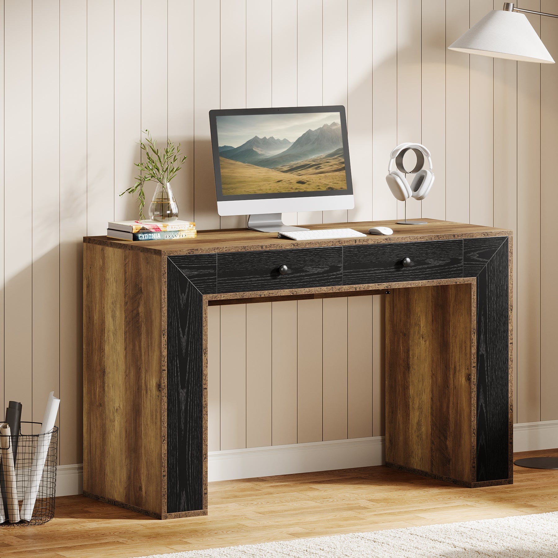 119 cm Computer Desk, Rustic Home Office Desk Study Desk with 2 Drawers