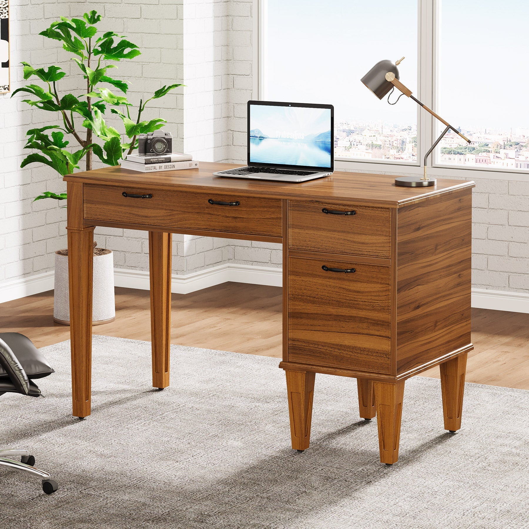 119 cm Computer Desk, Rustic Office Desk with File Cabinet