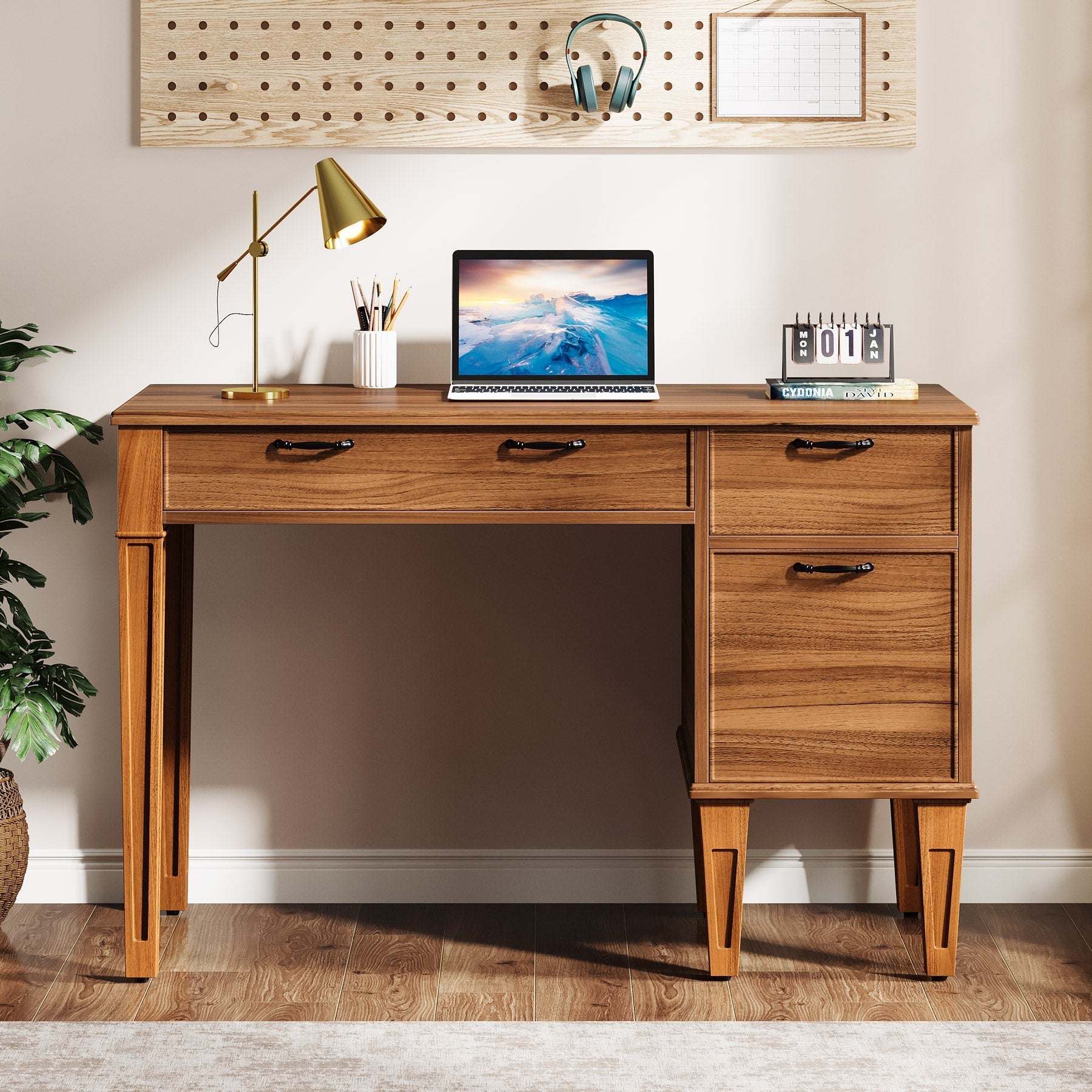 119 cm Computer Desk, Rustic Office Desk with File Cabinet