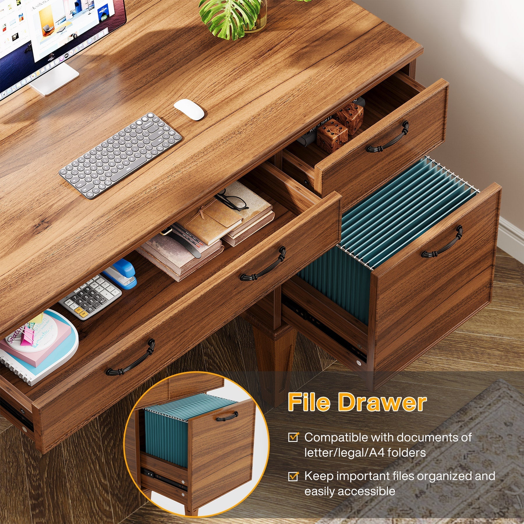 119 cm Computer Desk, Rustic Office Desk with File Cabinet