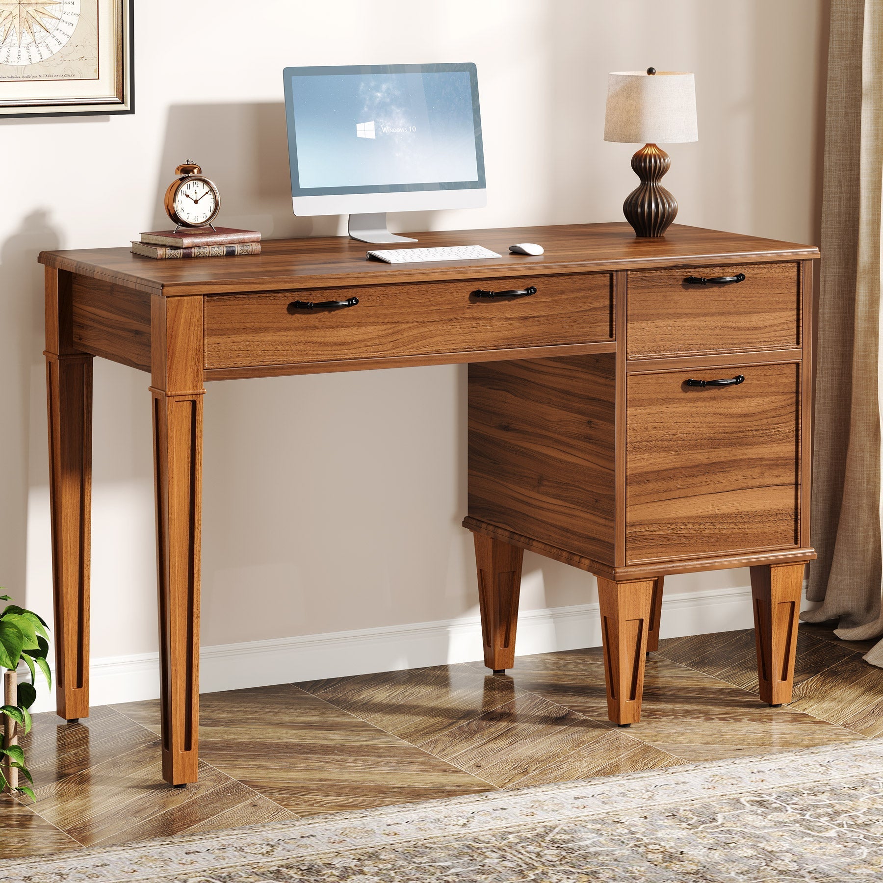 119 cm Computer Desk, Rustic Office Desk with File Cabinet