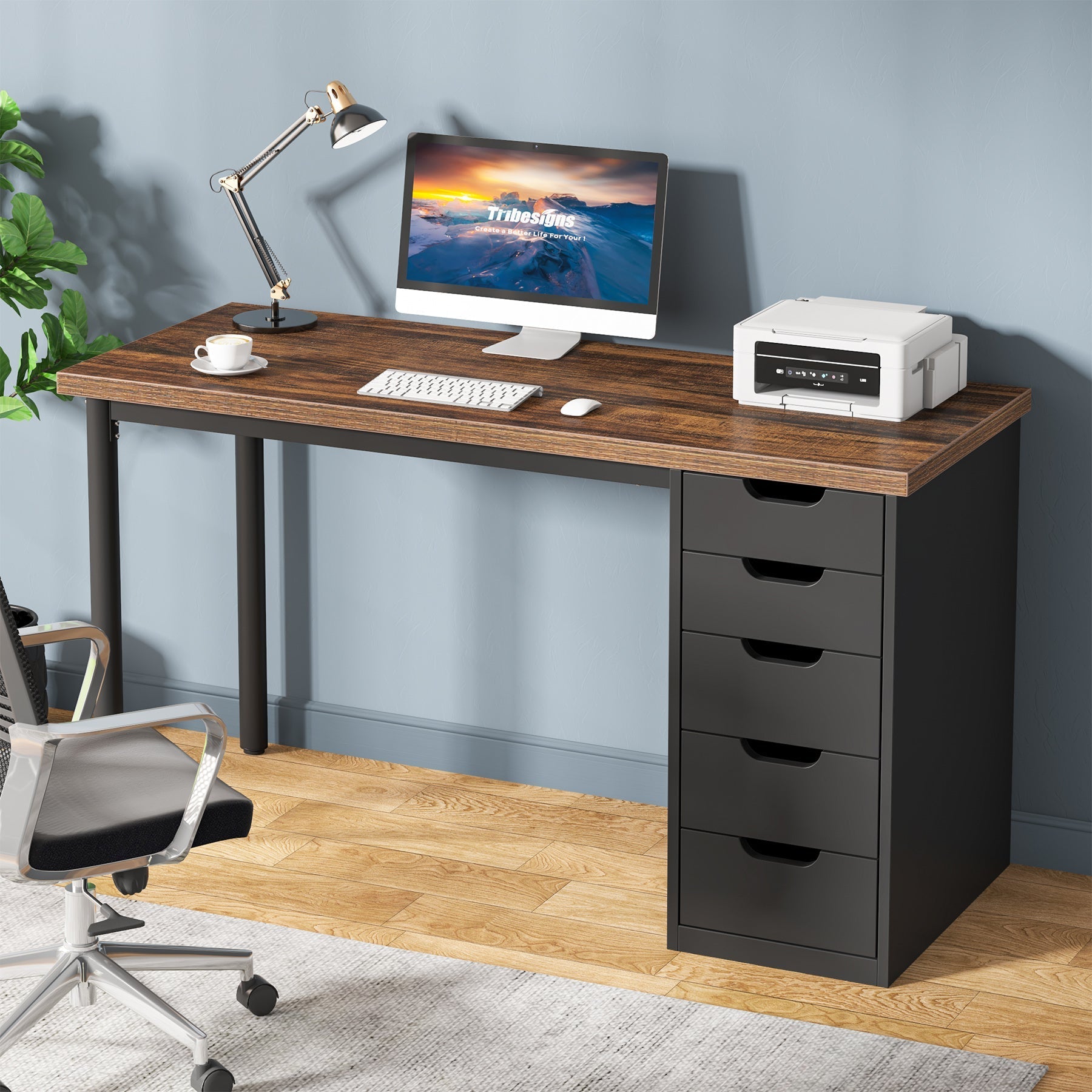 119.4 cm Computer Desk with 5 Drawers, Modern Study Table Writing Desk