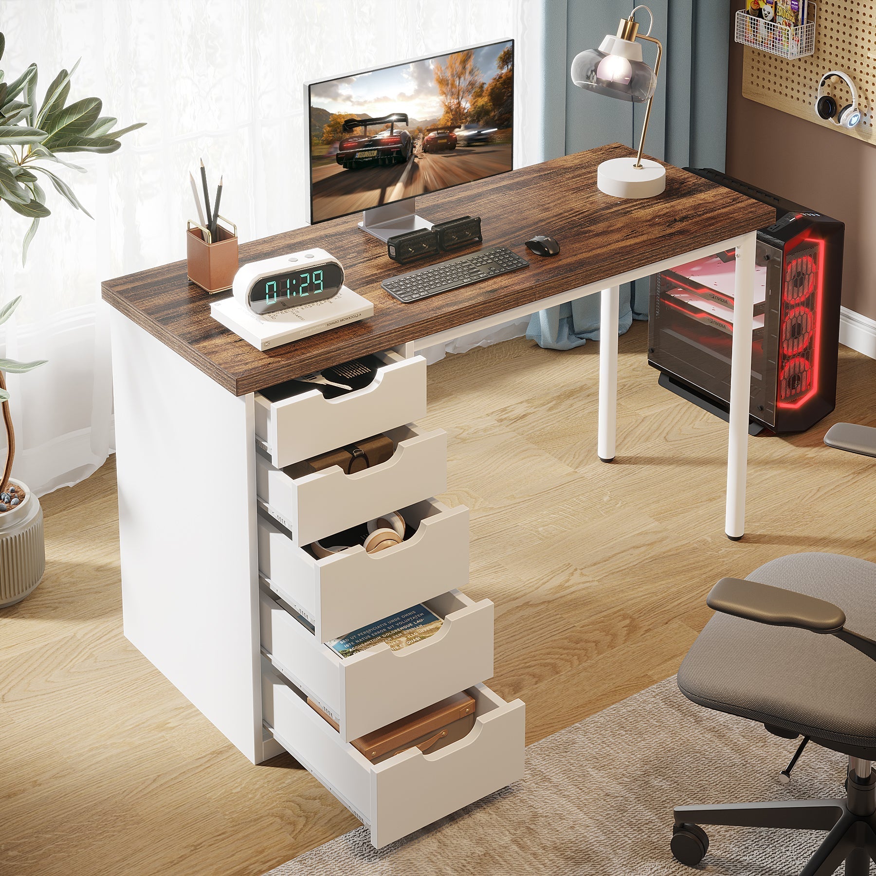 119.4 cm Computer Desk with 5 Drawers, Modern Study Table Writing Desk