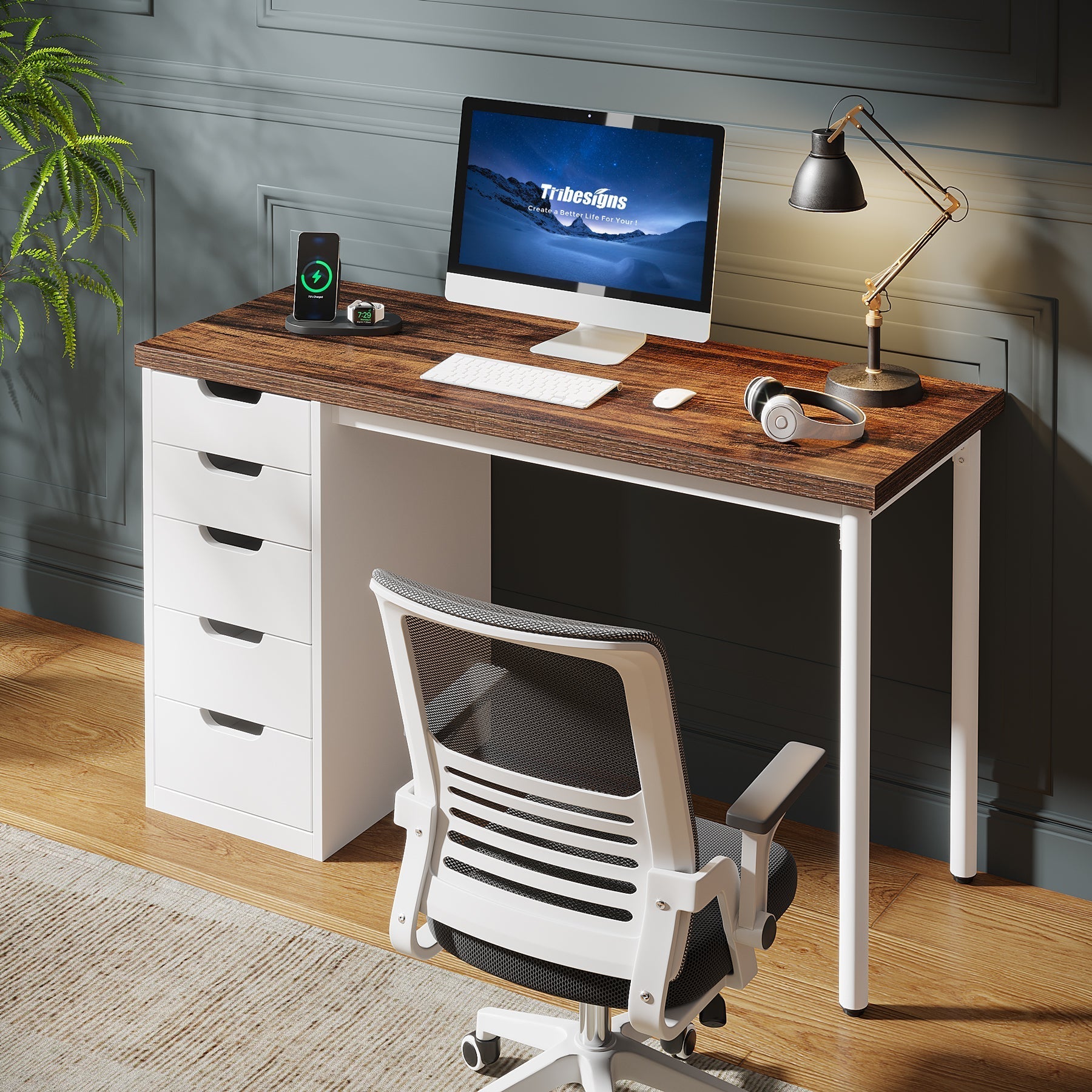 119.4 cm Computer Desk with 5 Drawers, Modern Study Table Writing Desk