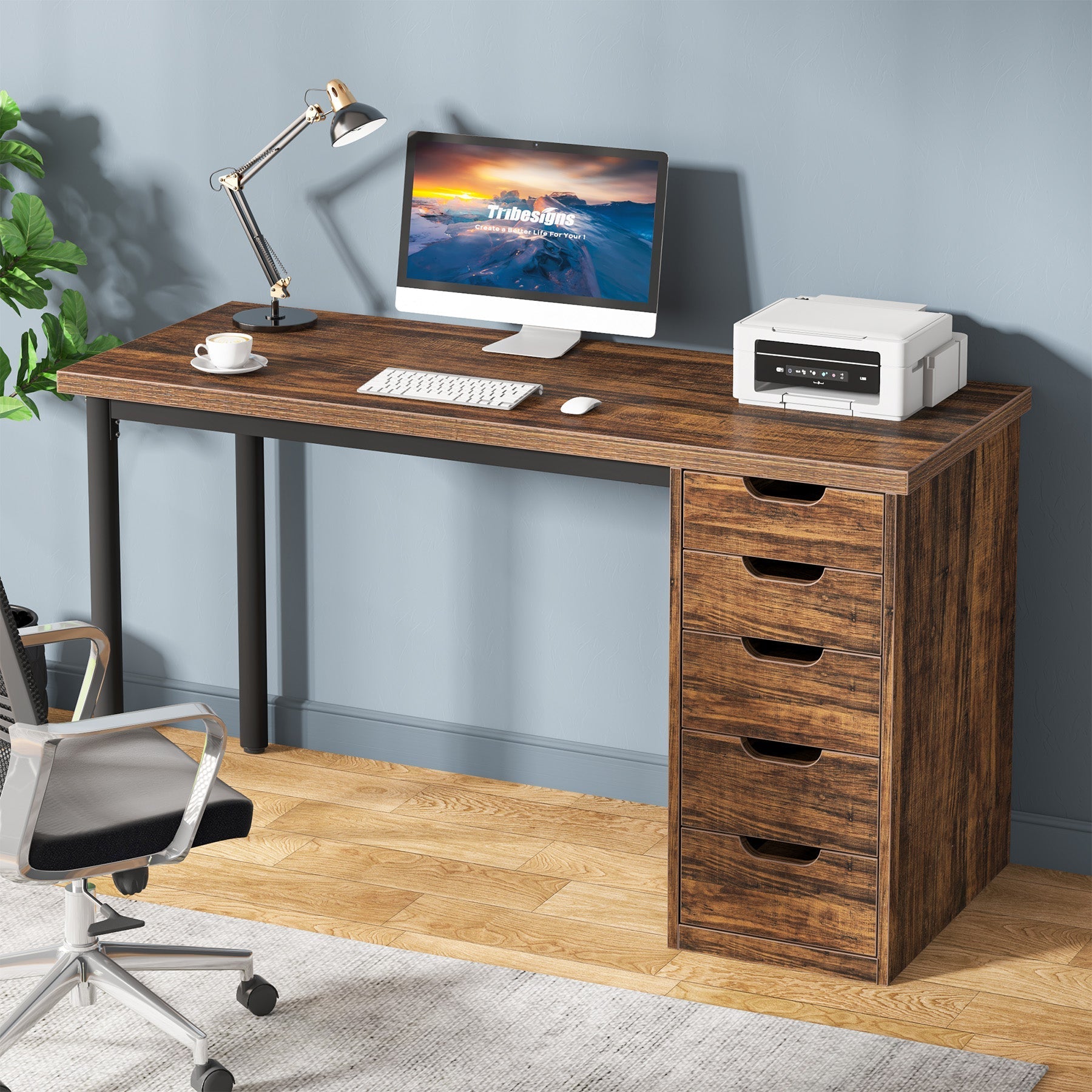 119.4 cm Computer Desk with 5 Drawers, Modern Study Table Writing Desk