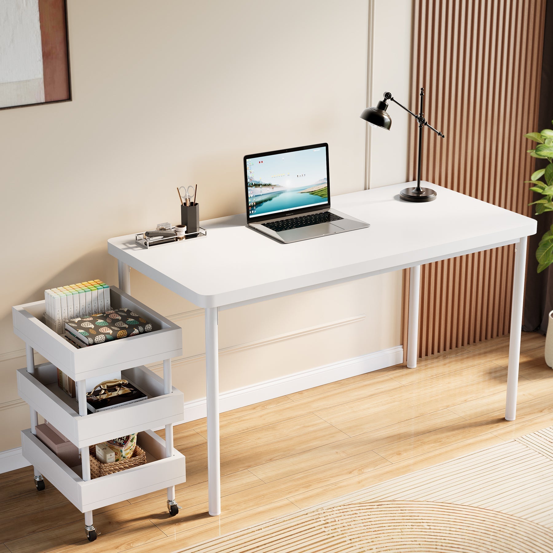 119.4 cm Computer Desk, Wood Study Table with 3 Tier Storage Cart