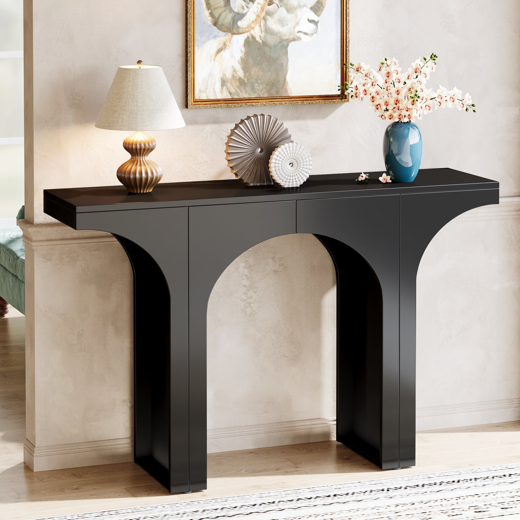 120 cm Console Table, Wooden Entryway Table Sofa Table with Arch Base