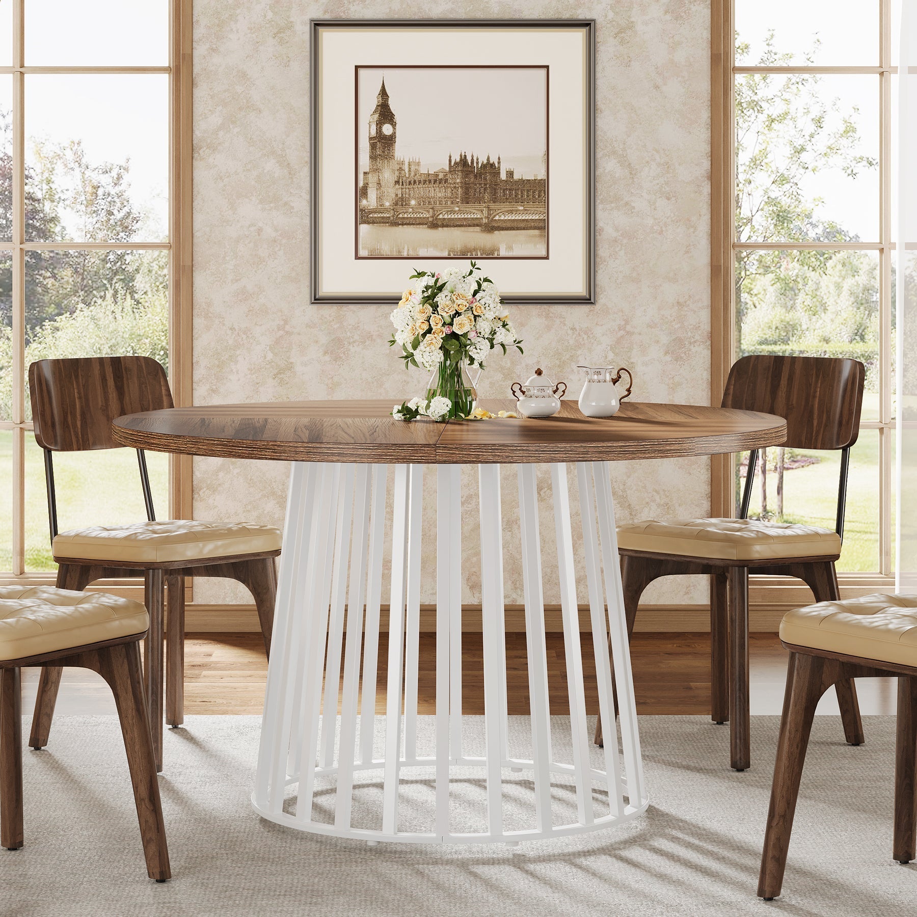 120 cm Dining Table, Farmhouse Round Kitchen Table for 4-6