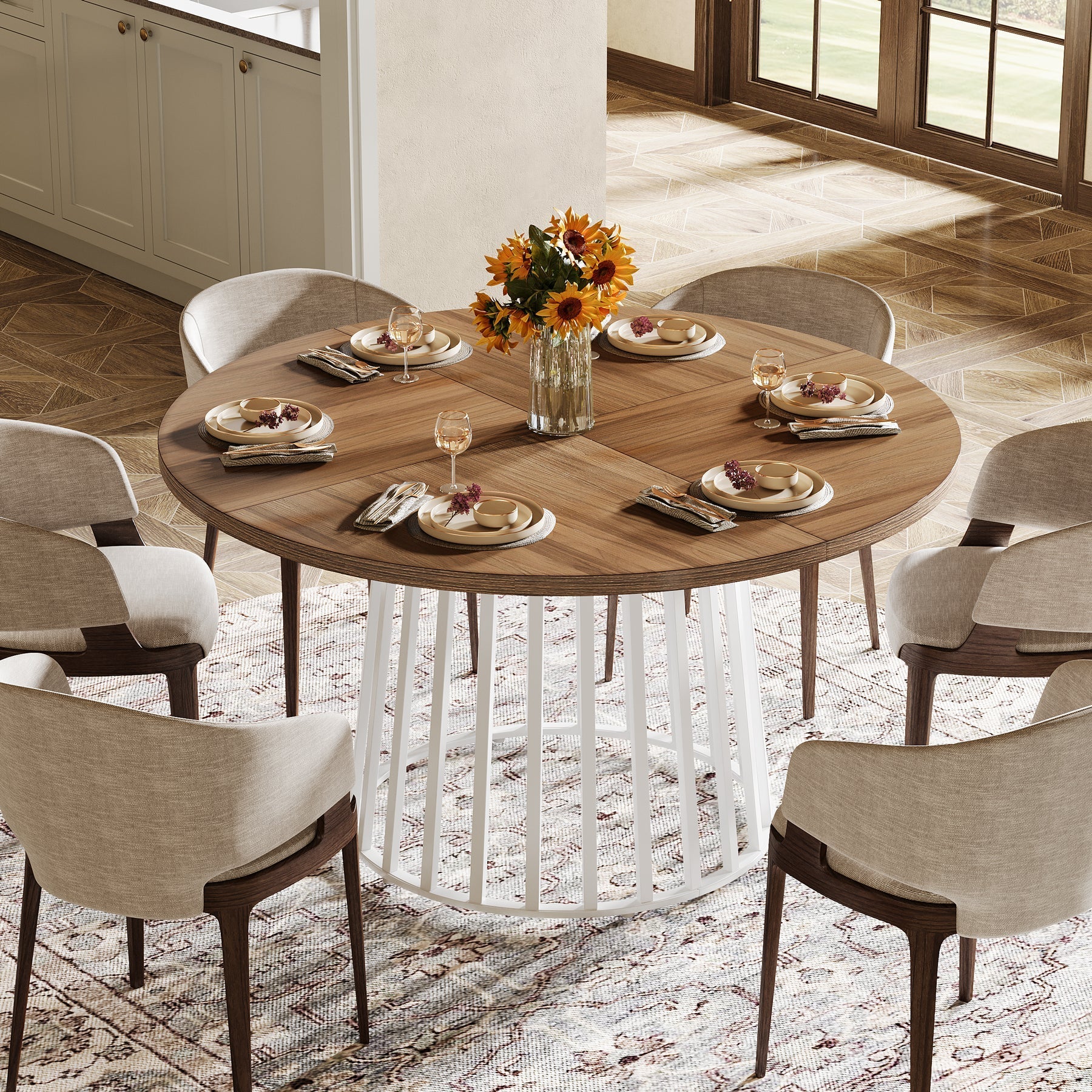 120 cm Dining Table, Farmhouse Round Kitchen Table for 4-6