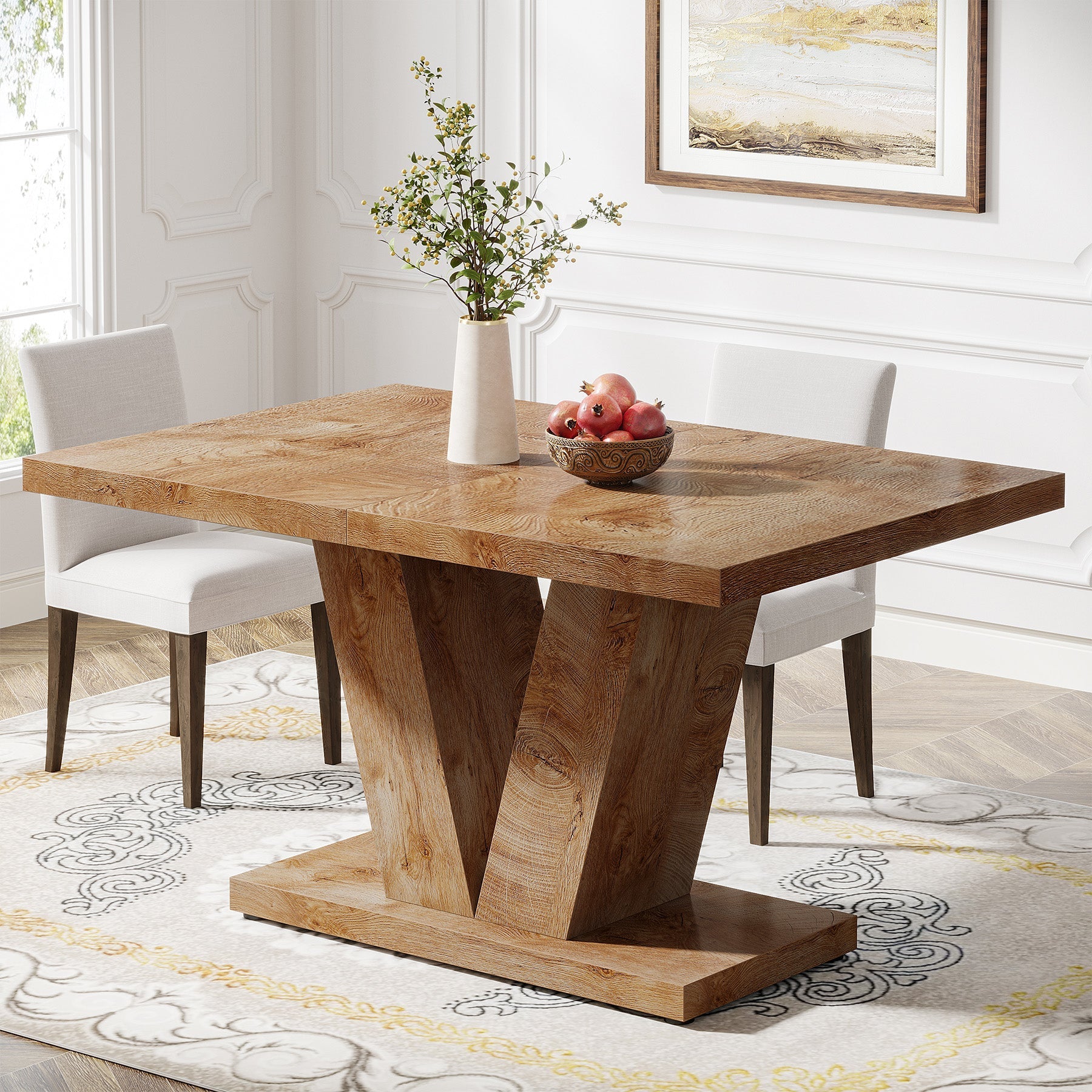 119 cm Dining Table, Farmhouse Wooden Kitchen Dinner Table with Sturdy Pedestal