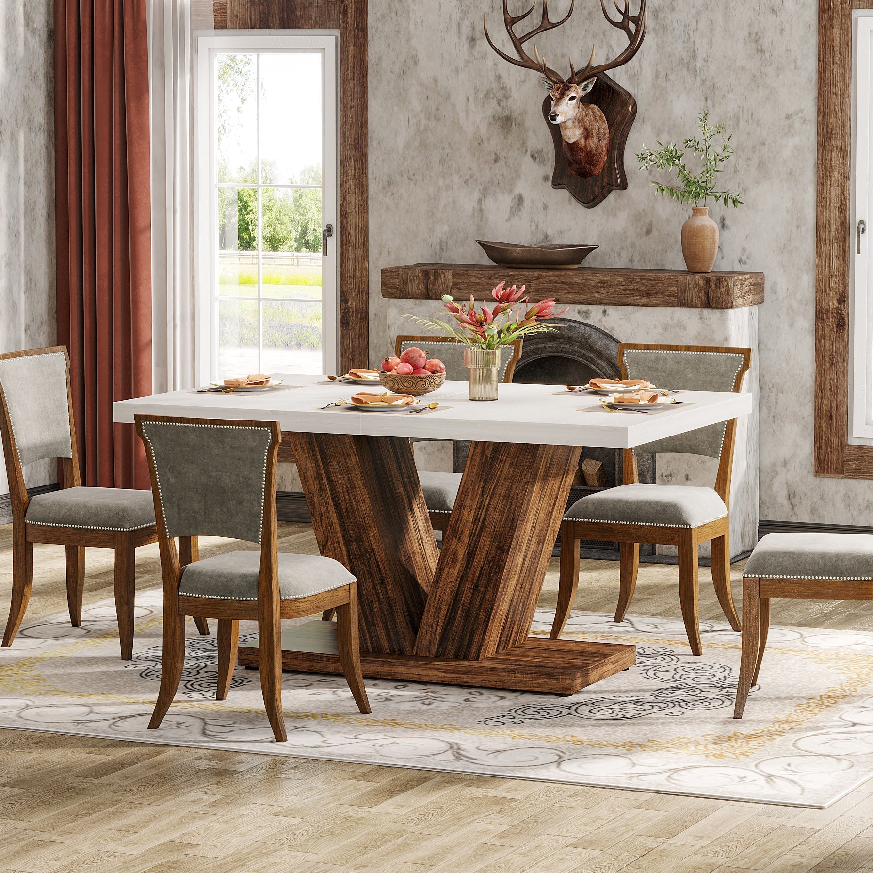 119 cm Dining Table, Farmhouse Wooden Kitchen Dinner Table with Sturdy Pedestal