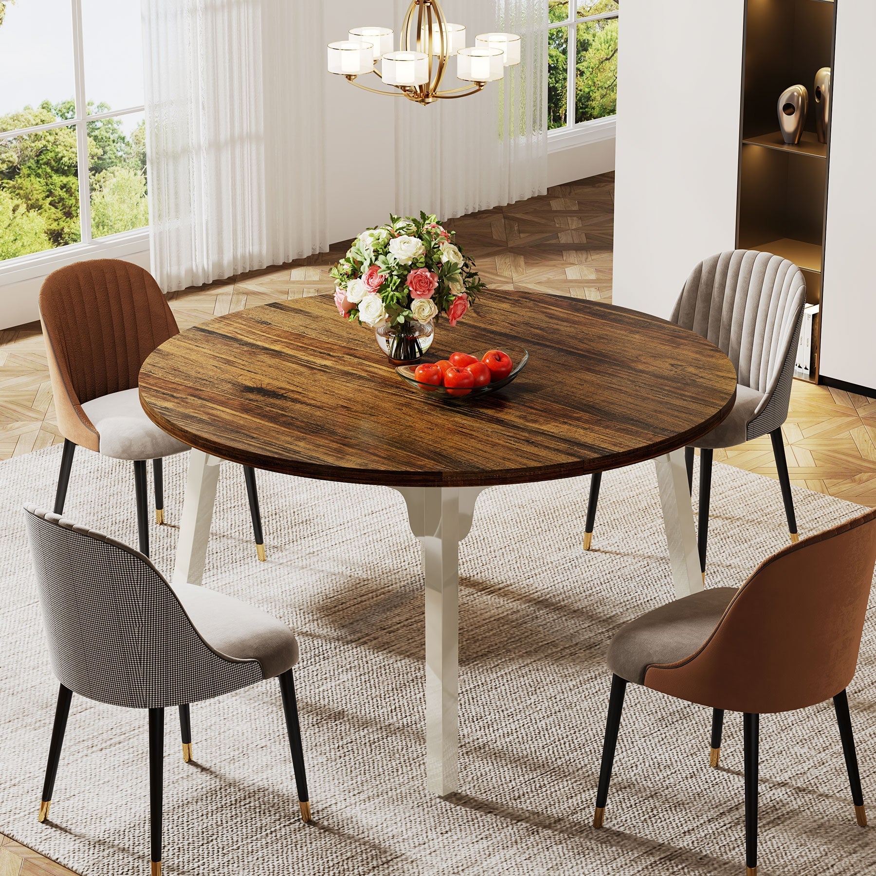 120 cm Dining Table, Round Farmhouse Kitchen Table for 4-6