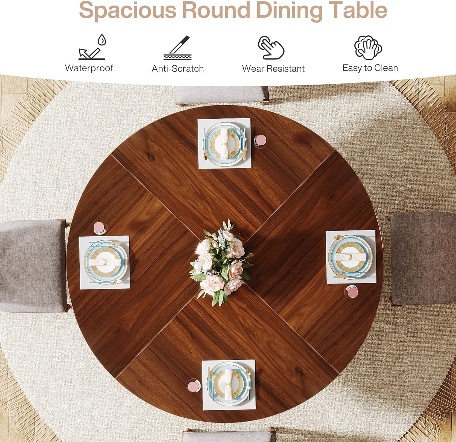 120-CM Dining Table, Wood Round Kitchen Table for 4-6